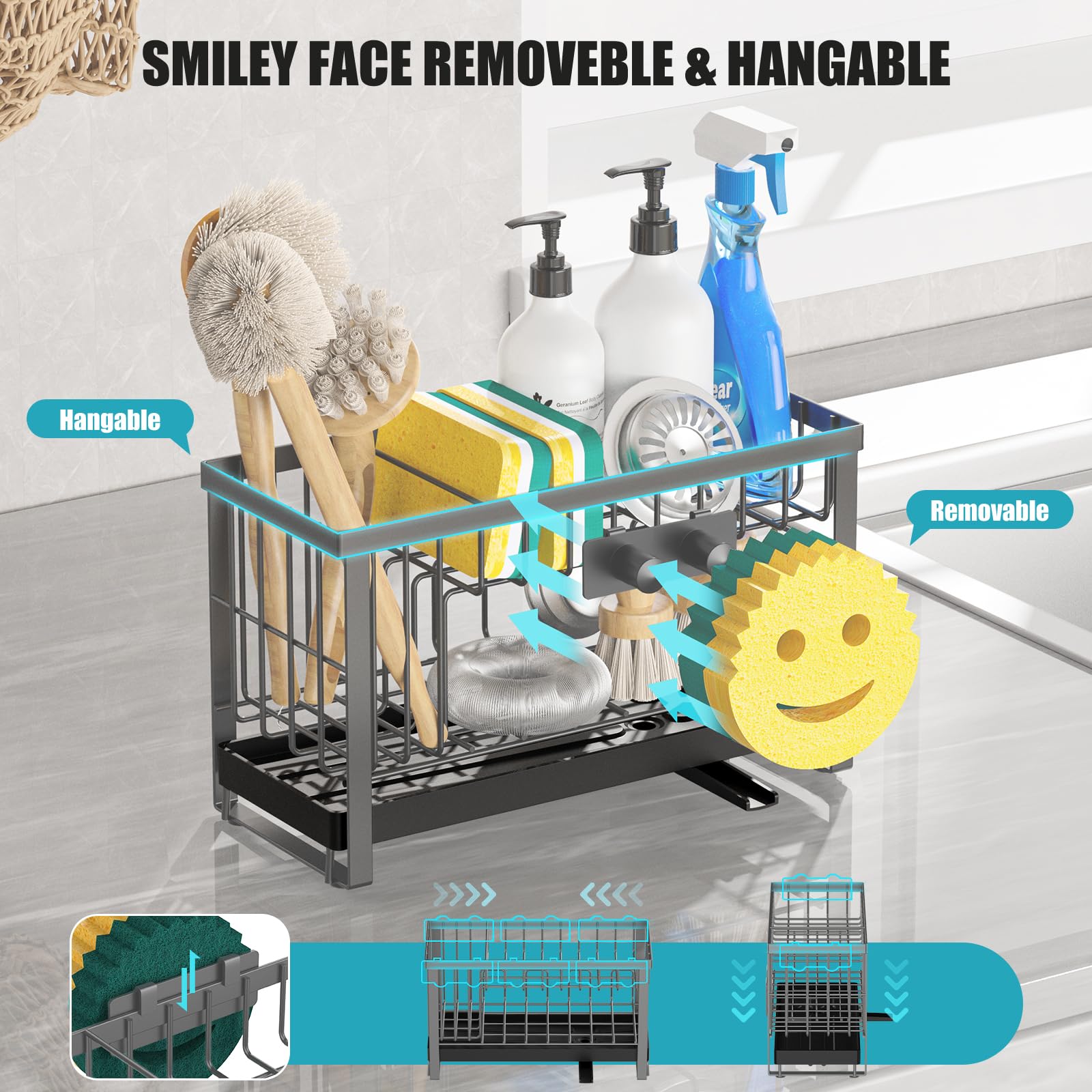 Sponge Holder for Kitchen Sink with Flexible Smiley Face