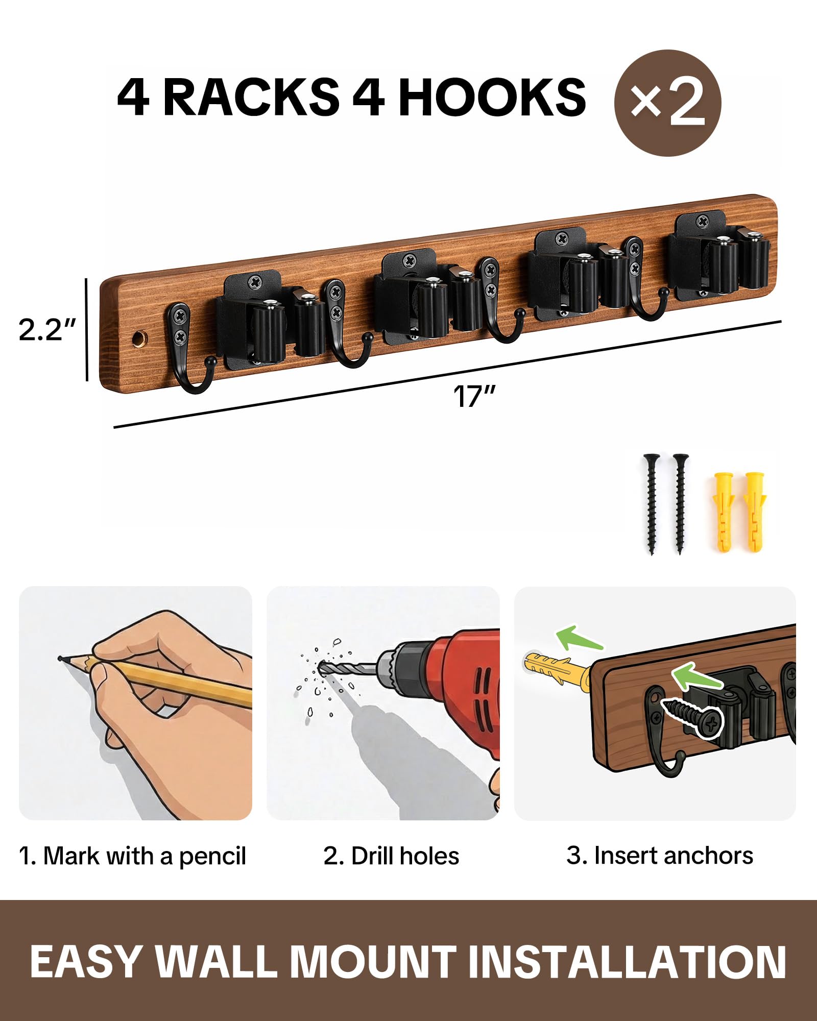 2 Pack Broom Holder Wall Mount (2 Count)