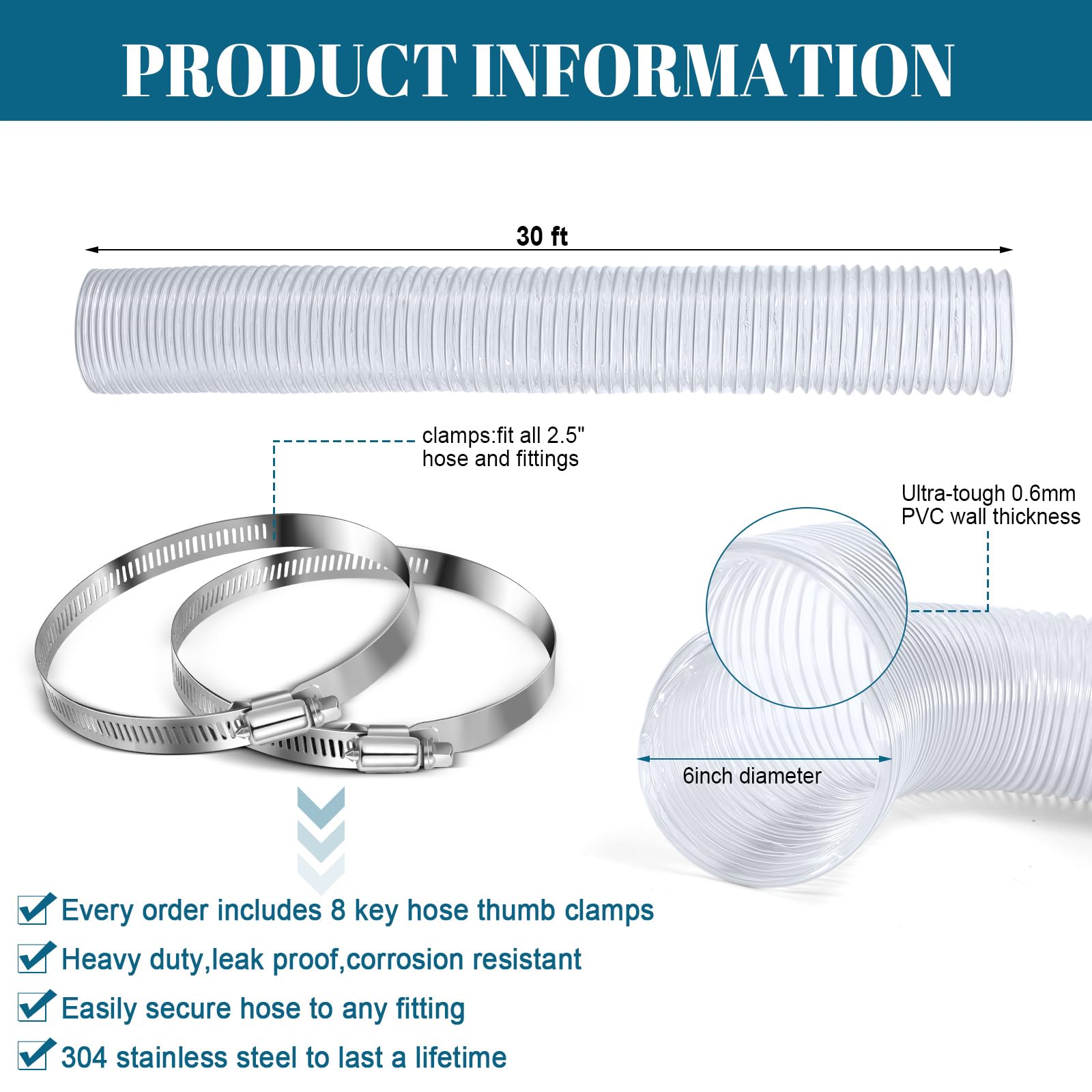 6 Inches 30 ft PVC Dust Collection Hose with Stainless Steel Clamps Set Flexible Clear Vacuum Puncture Resistant Fume Hose for Vacuums Cleaner Fume Dust Collection System