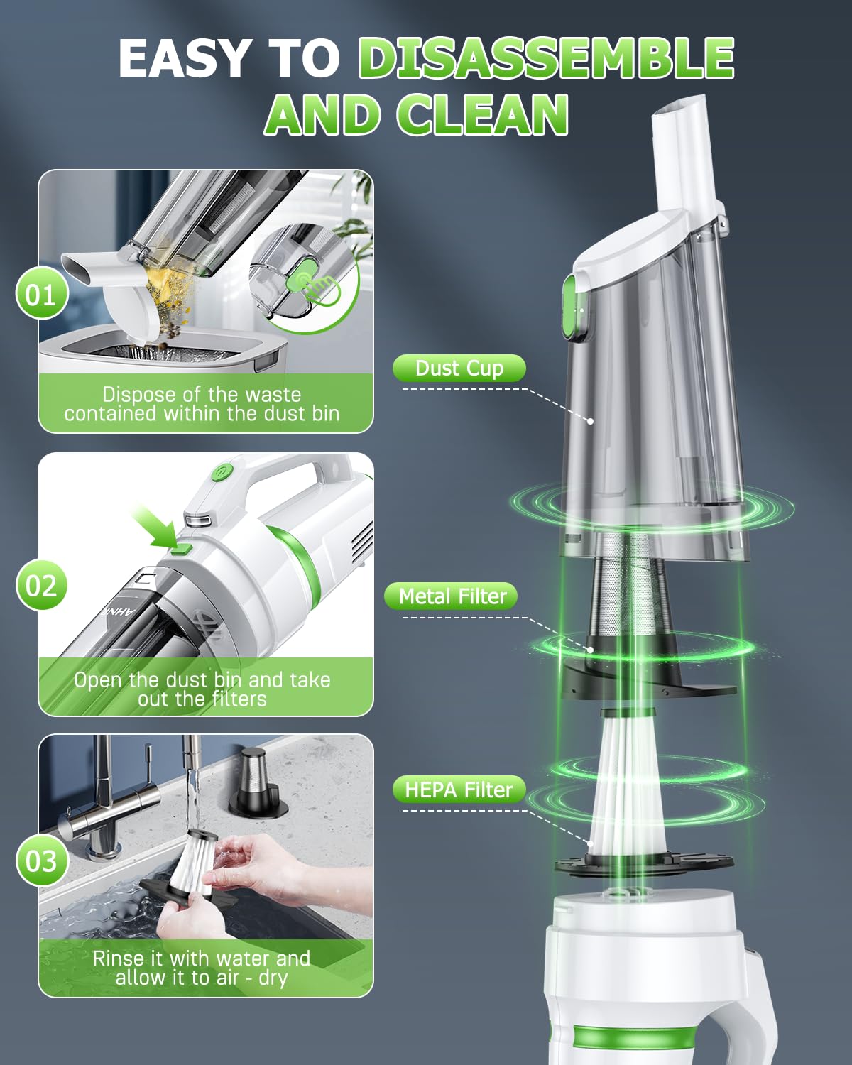 Handheld Vacuum Cleaner Cordless Rechargeable 16000PA for Car Home