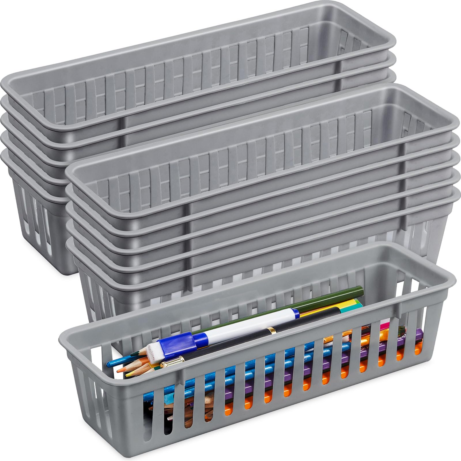 12 Pack Slim Plastic Storage Baskets Tray for Organizing 10.25x3.25x2.5 Inch Small Narrow Storage Bins Stackable Drawer Pencil Trays Holder for Desk Garage Cabinet Container (12 Count)