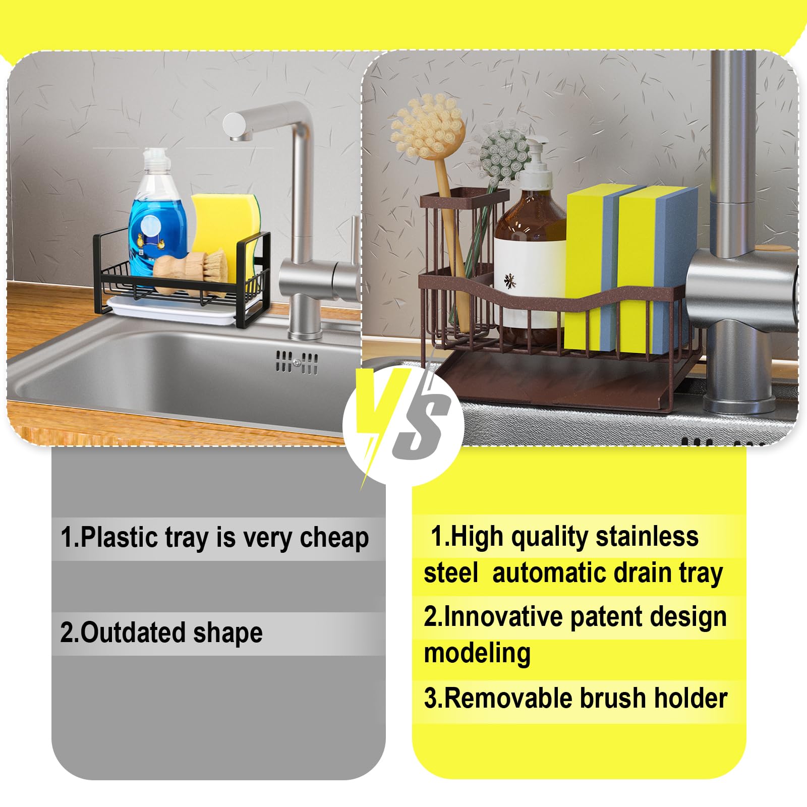 Maifan Sink Caddy Sponge Holder for Kitchen with Brush Holder and Stainless Steel Self Drain Tray