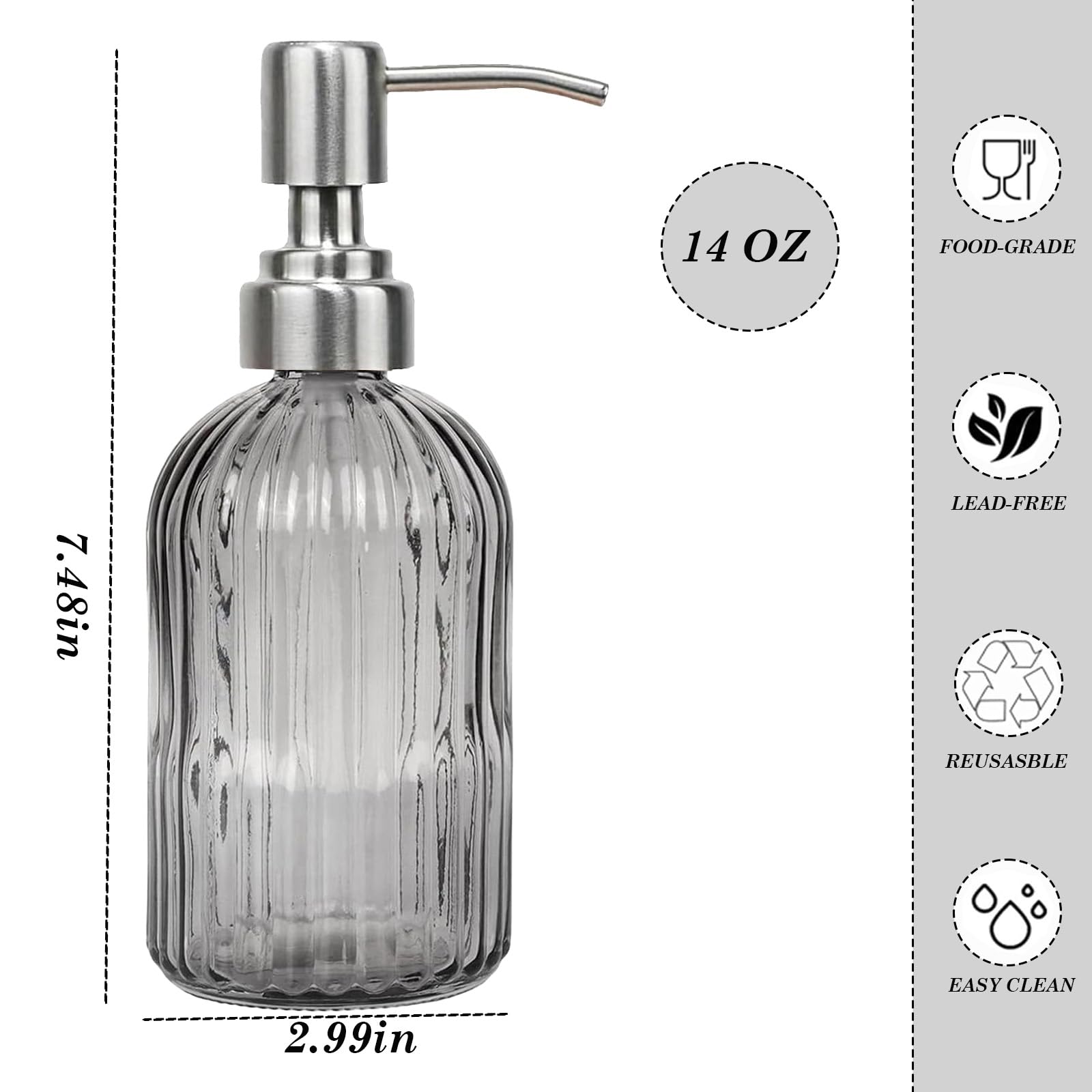 14Oz Gray Glass Soap Dispenser Bathroom