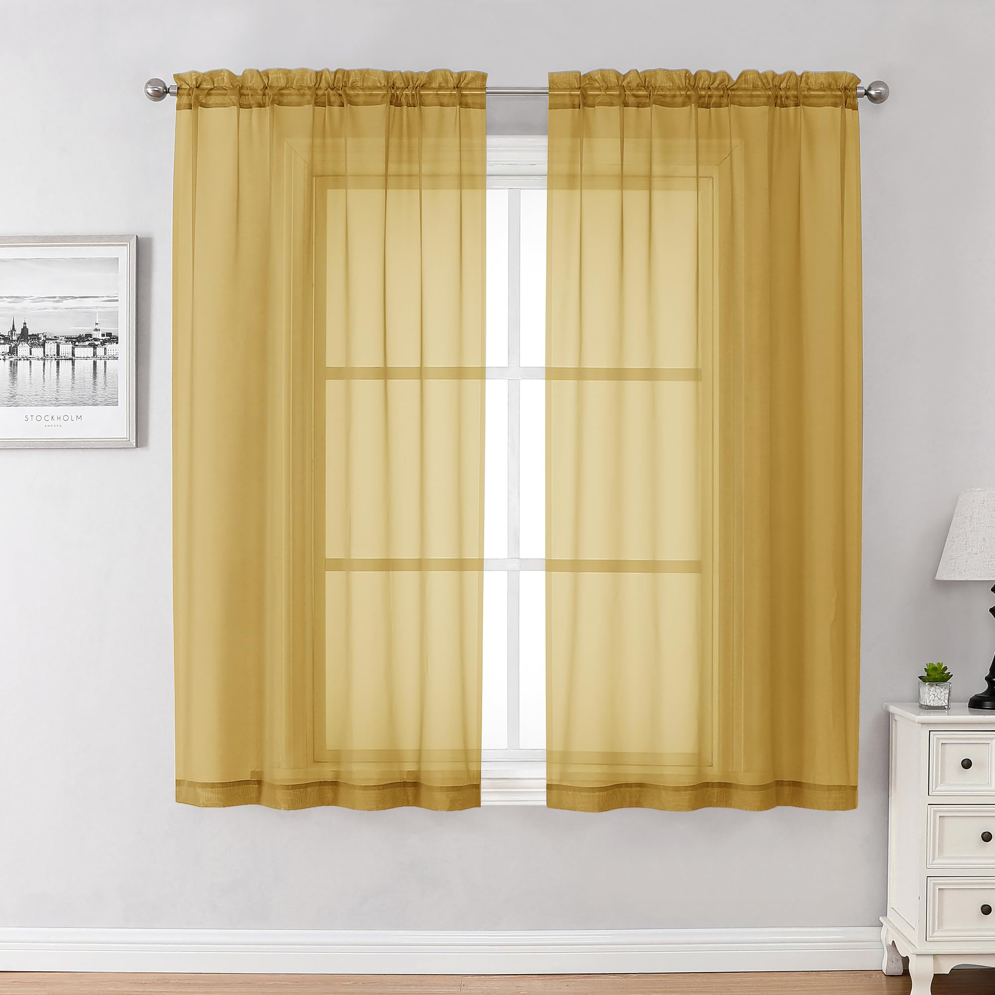 Gold Sheer Curtains 45 Inch Long 2 Panels