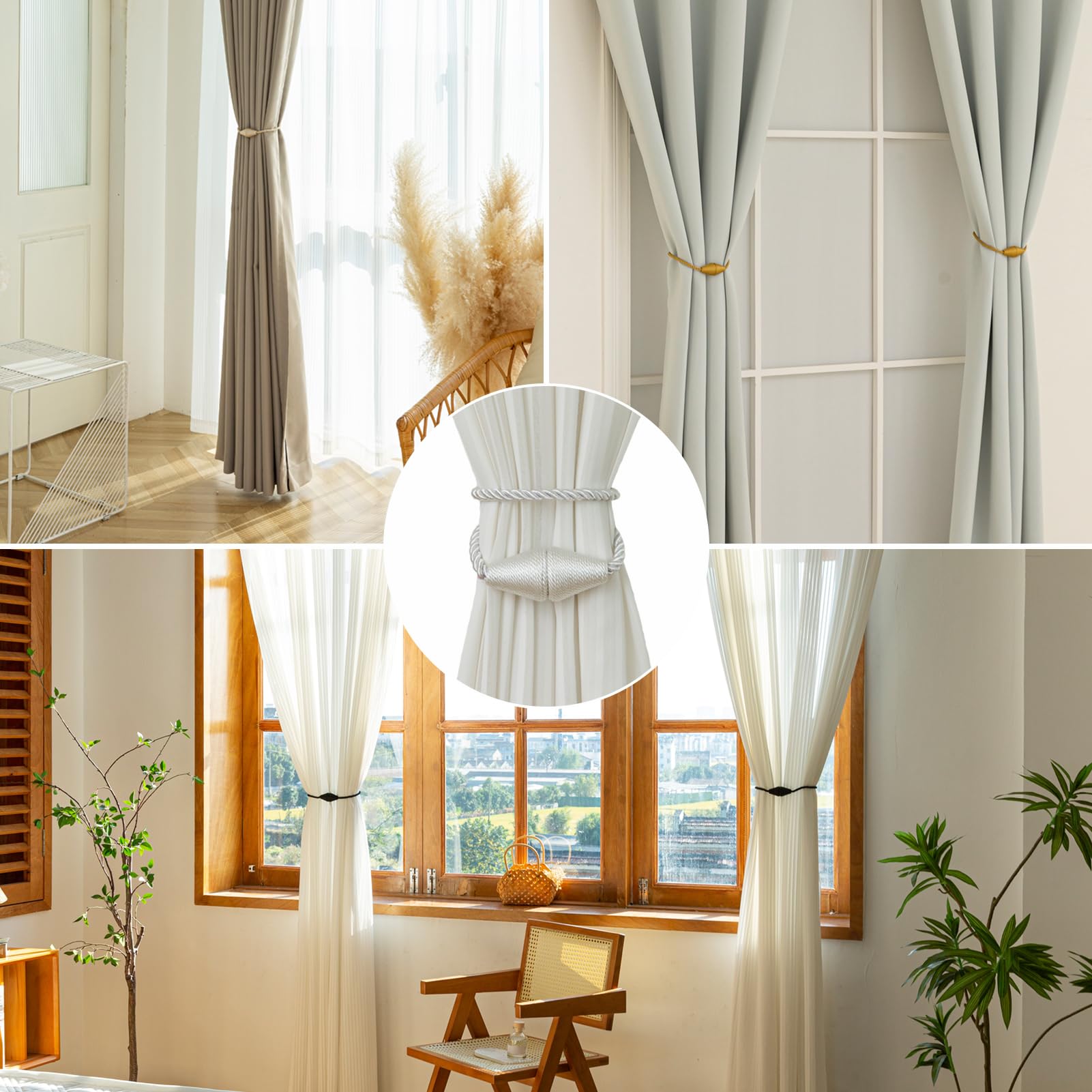 Magnetic Curtain Tiebacks 4 Pack Outdoor Rope Curtain Tie Backs Decorative Window Treatment Holdbacks for Home Decorative Curtain (4 Count)
