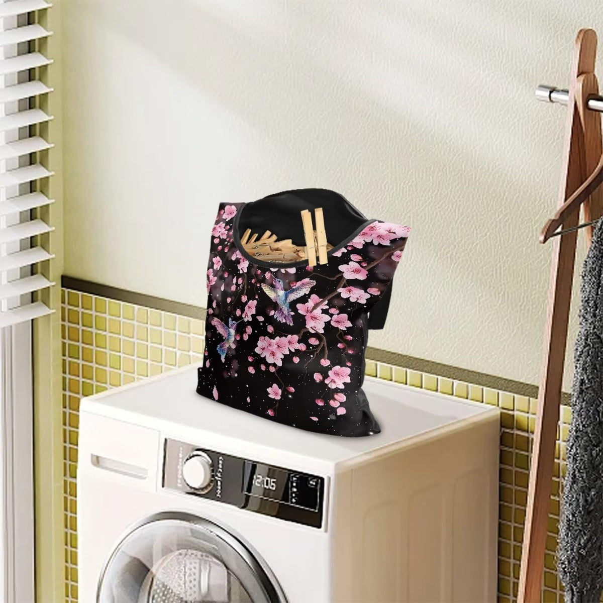 Waterproof Clothespin Bag with Hanger Hook Cherry Blossom Hummingbird