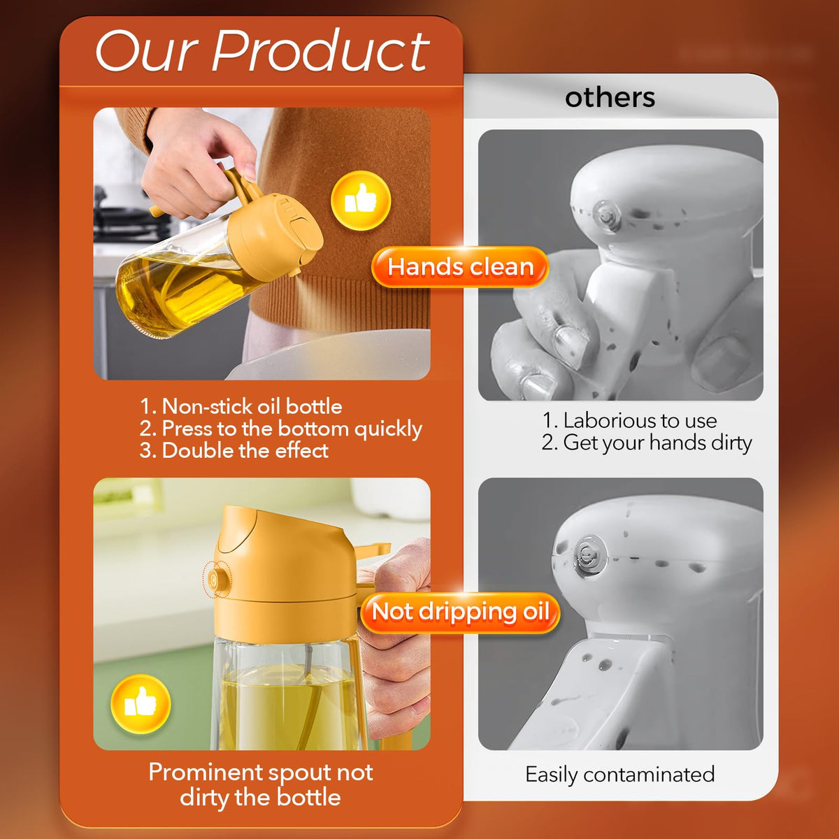 16 oz 2-in-1 Glass Olive Oil Sprayer for Cooking, Orange