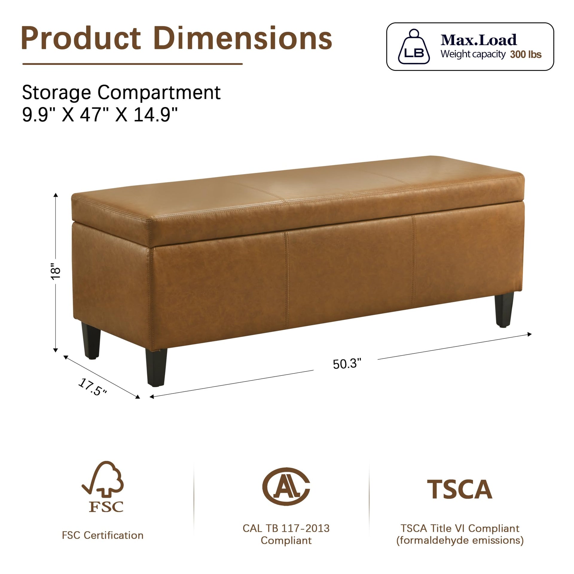 Faux Leather Storage Ottoman Bench 50.3 Inch Extra Long PU Upholstered Bedroom Bench with Large Storage Space for The Living Room
