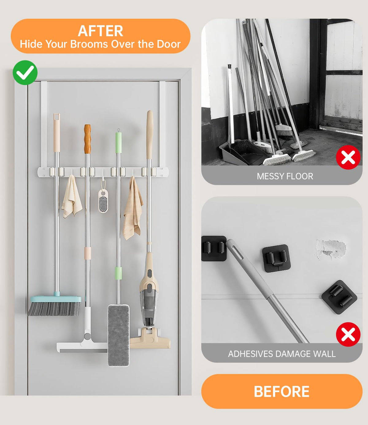 Broom Holder Over The Door with Hooks
