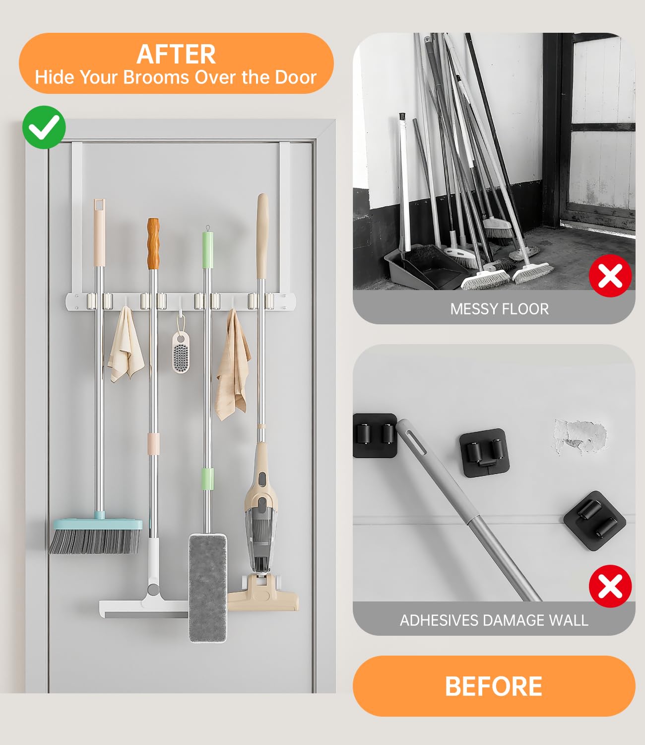 Broom Holder Over The Door with Hooks