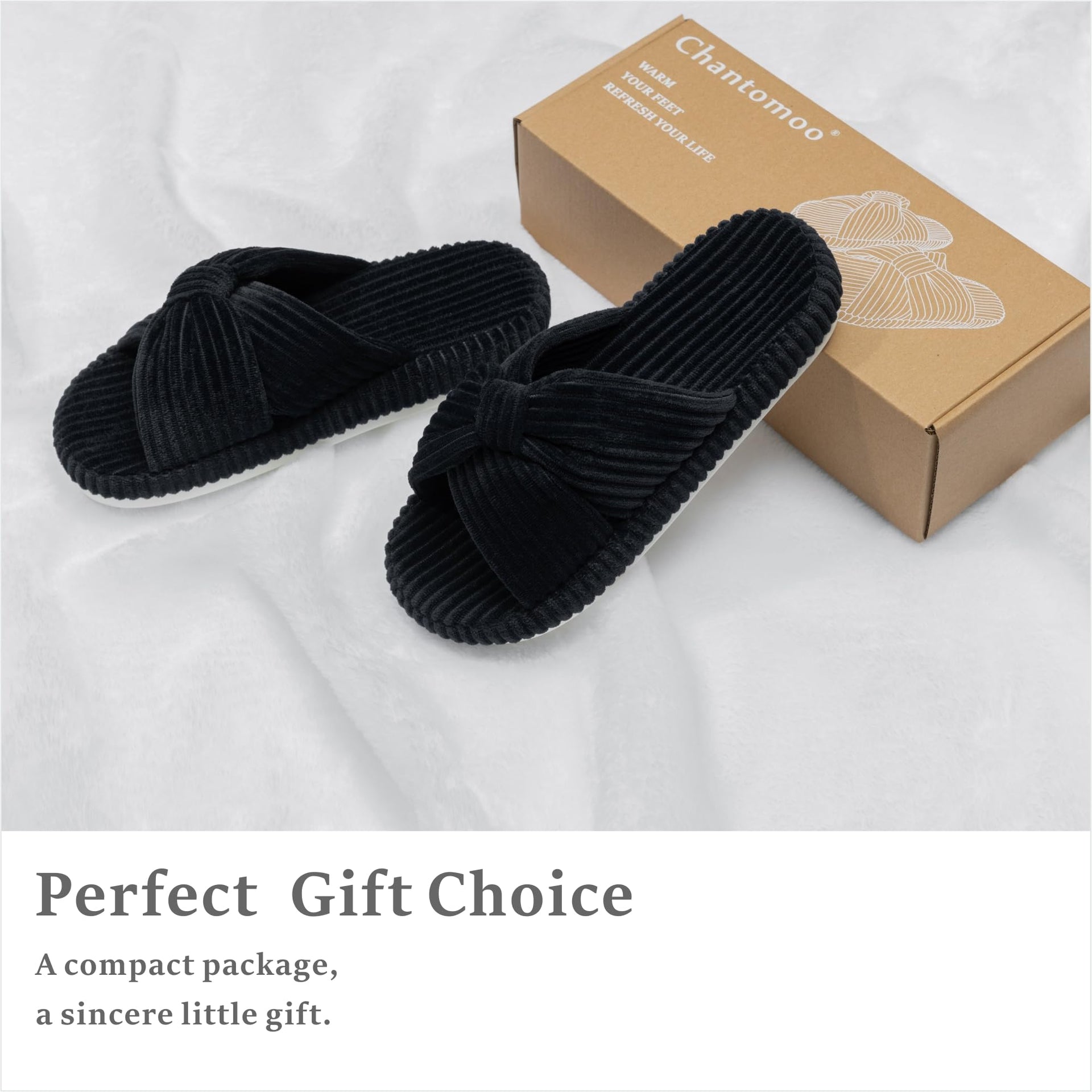 Slippers for Women Memory Foam House Bedroom Corduroy Bow Crossbands Slipper Shoes Comfy Trendy Gift Slippers Black Size 5 6 5.5