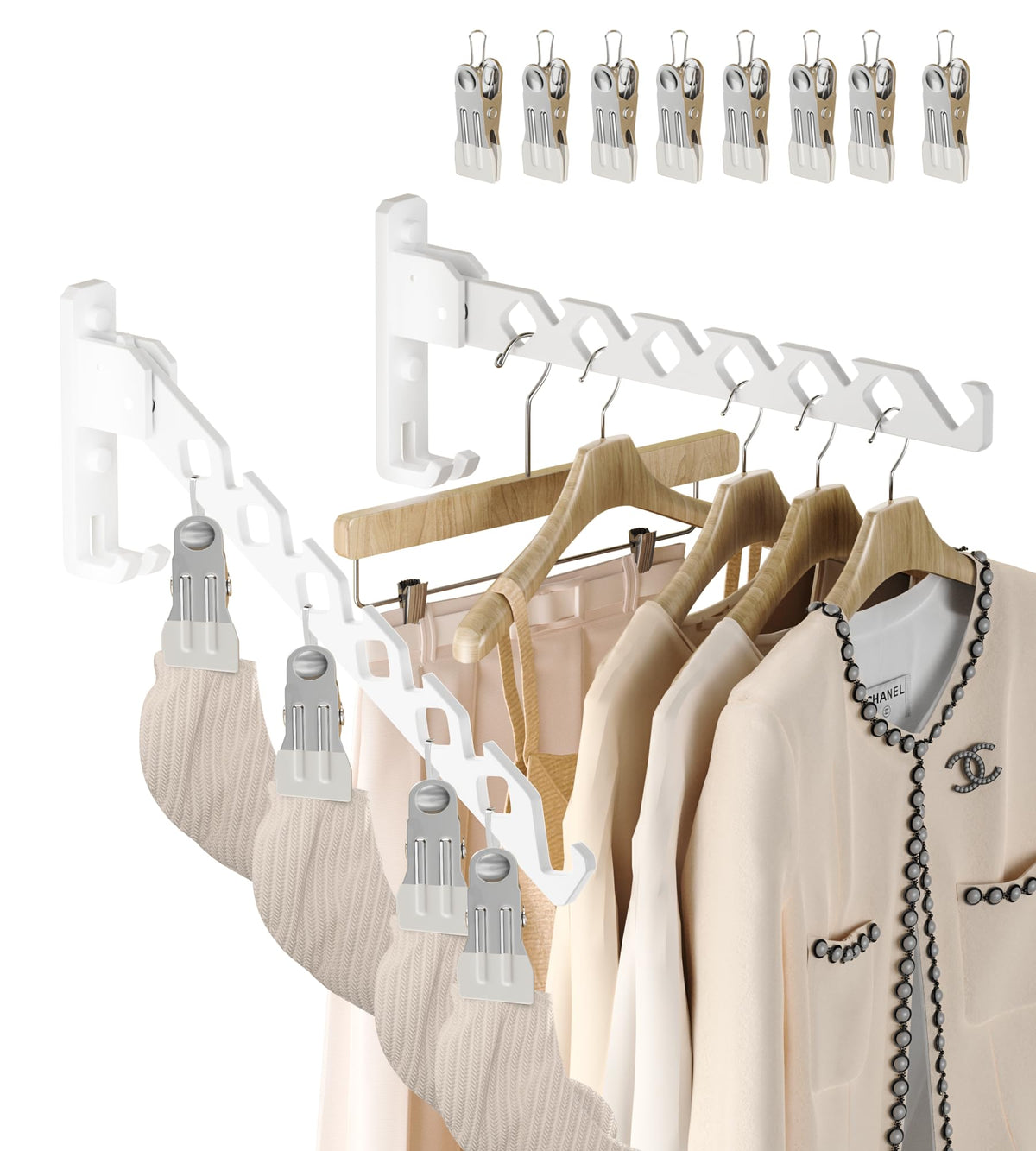 Wall Mount Coat Hanger Holder White Clothes Drying Organizer Rack Garment Hooks Aluminium Retractable Folding Indoor Wall Mounted Hanger Space Saver for Laundry Room Bedroom White 2 Pack with 8 Hooks (2 Count)