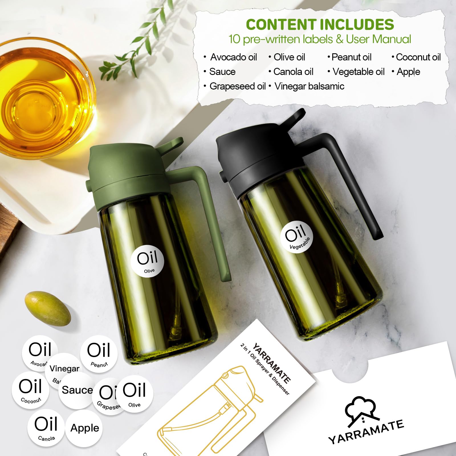 16 oz 2-in-1 Dark Glass Oil Sprayer & Dispenser, BlackOliveGreen