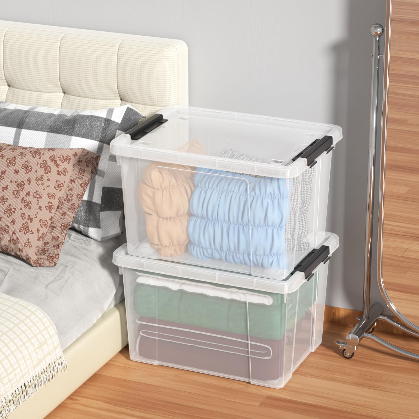 Set of 4 50 L Stackable Plastic Storage Container with Latching Lids and Wheels (4 Count)