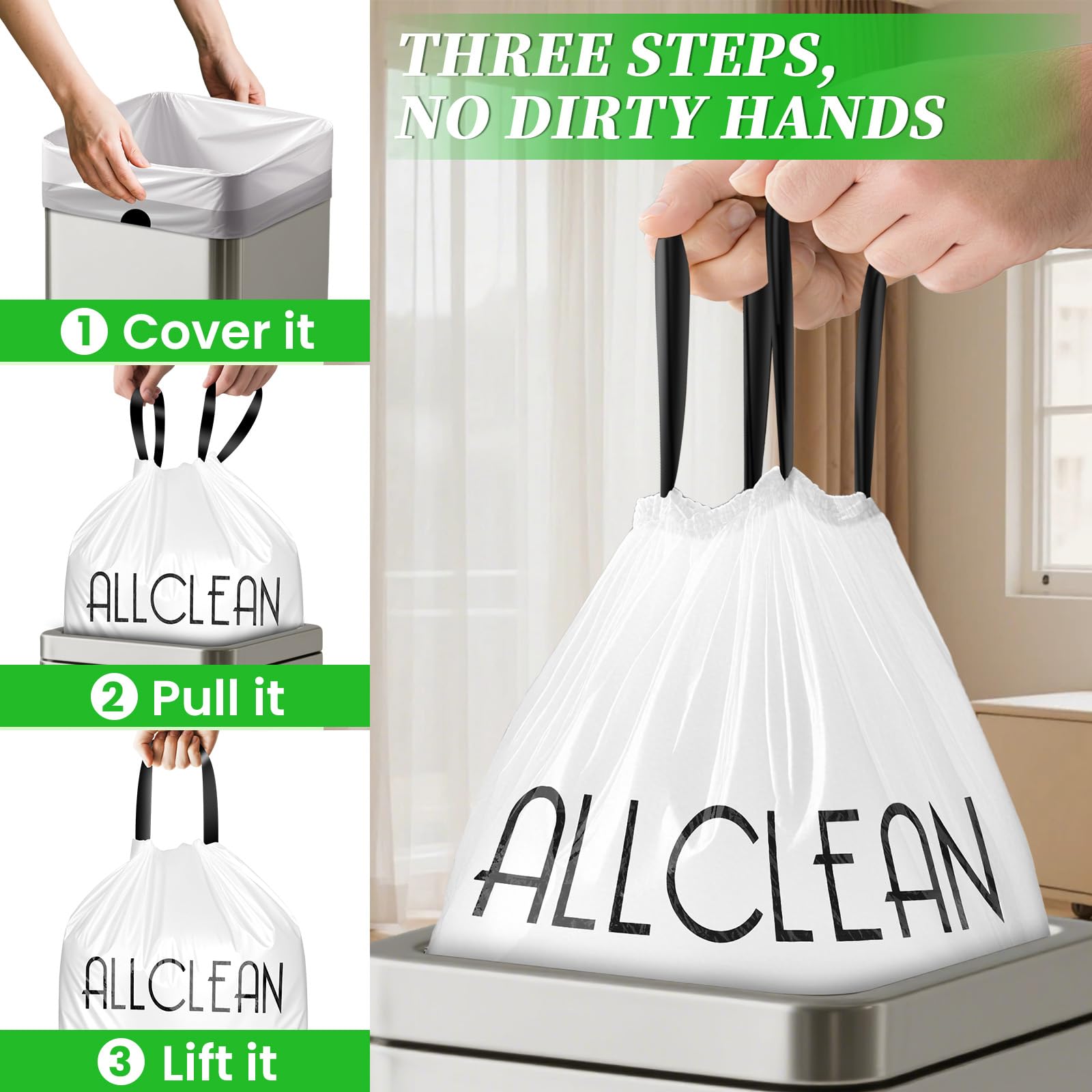 Trash Bags 15 Gallon Tall Kitchen Drawstring Garbage Bag Fit 13 (30 Count)