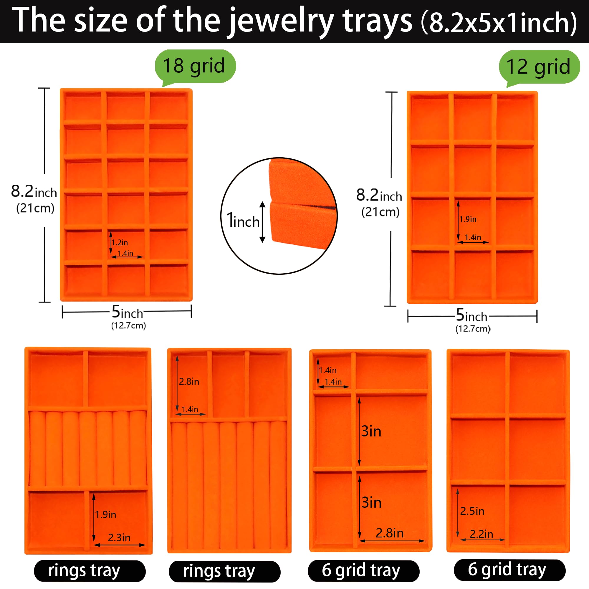 Jewelry Organizer Tray Stackable Velvet Jewelry Trays Drawer Inserts Earring Ring Necklace Organizer Display Case (8 Count)