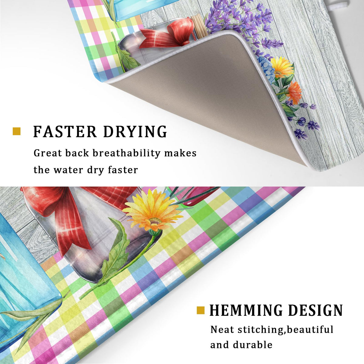 Spring Summer Flowers Dish Drying Mat for Kitchen Counter 18"x24" Spring Floral Jars Drying Mat Soft Absorbent Microfiber Farmhouse Colorful Floral Dish Drainer Rack Mats for Counter tops
