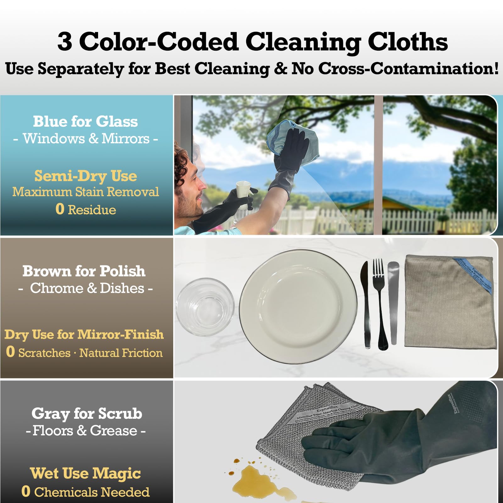 3 Pack Microfiber Glass Cleaning Cloths for Windows & Mirrors (3 Count)