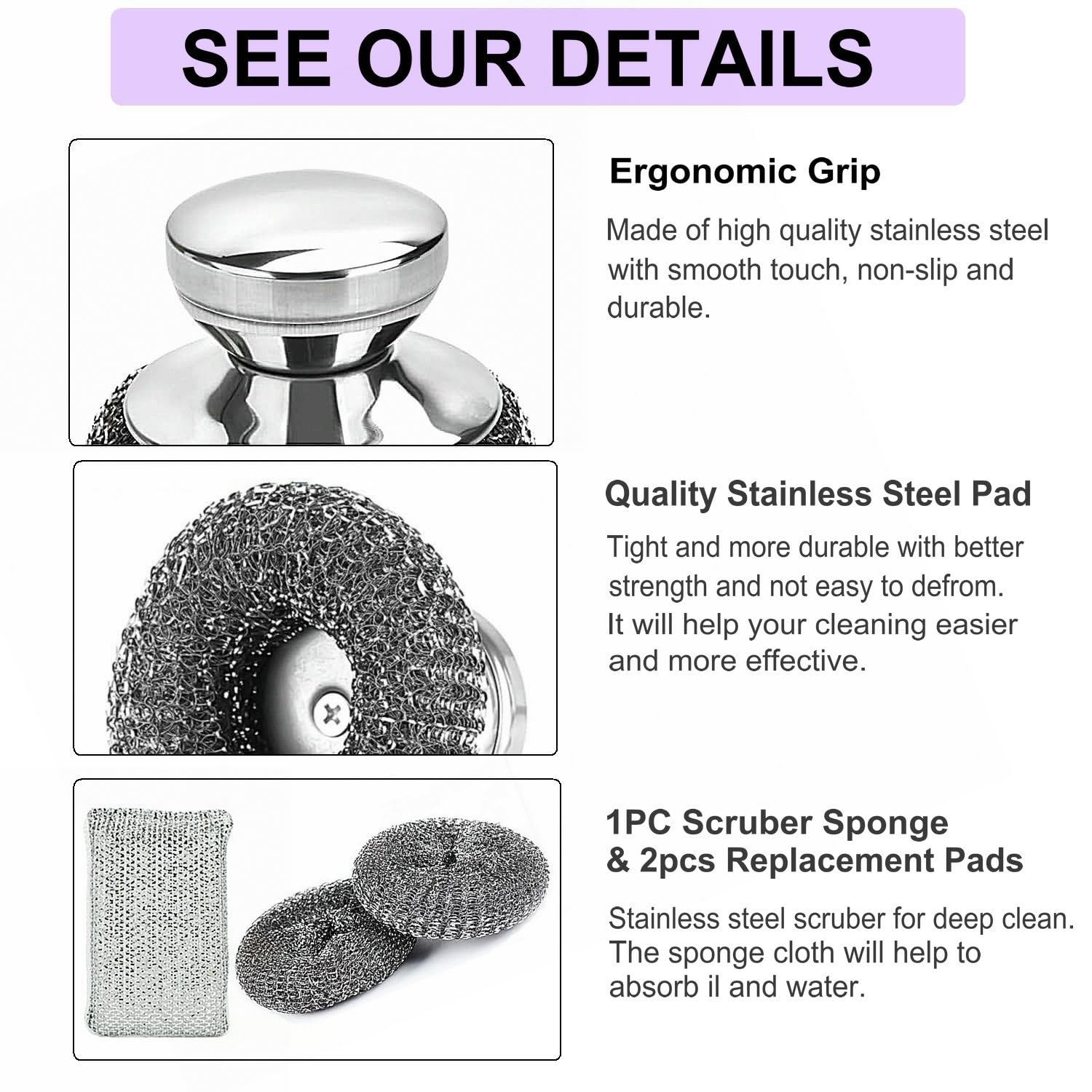 Stainless Steel Wool Scrubber with Short Handle Steel Scrubber Wool Pads for Cleaning Dishes Metal Scrubber Pot Scrubbers for Iron Pots (4.8 Ounce)