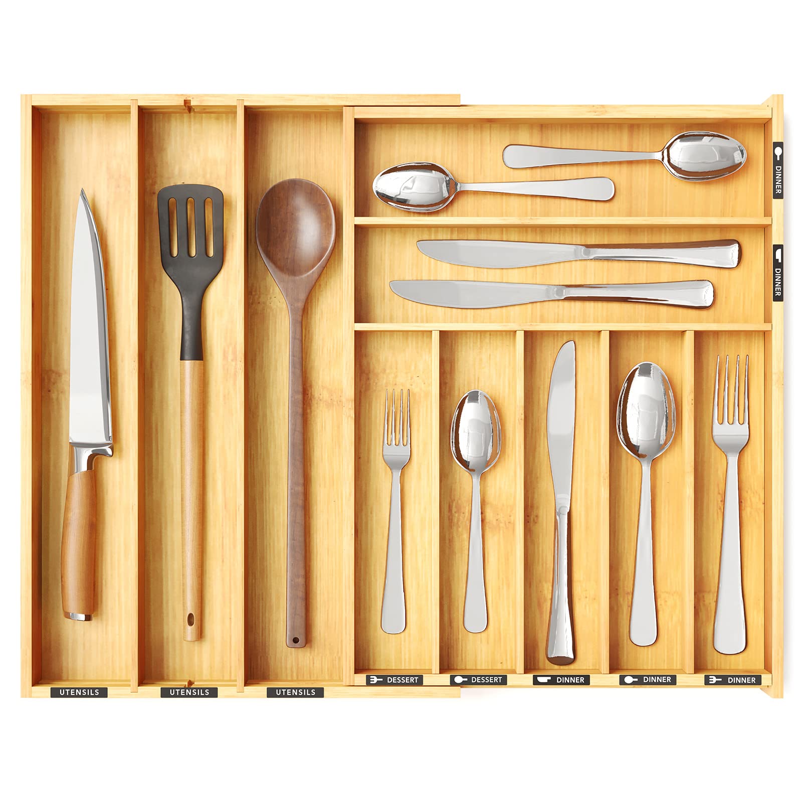 Bamboo Silverware Drawer Organizer with Labels