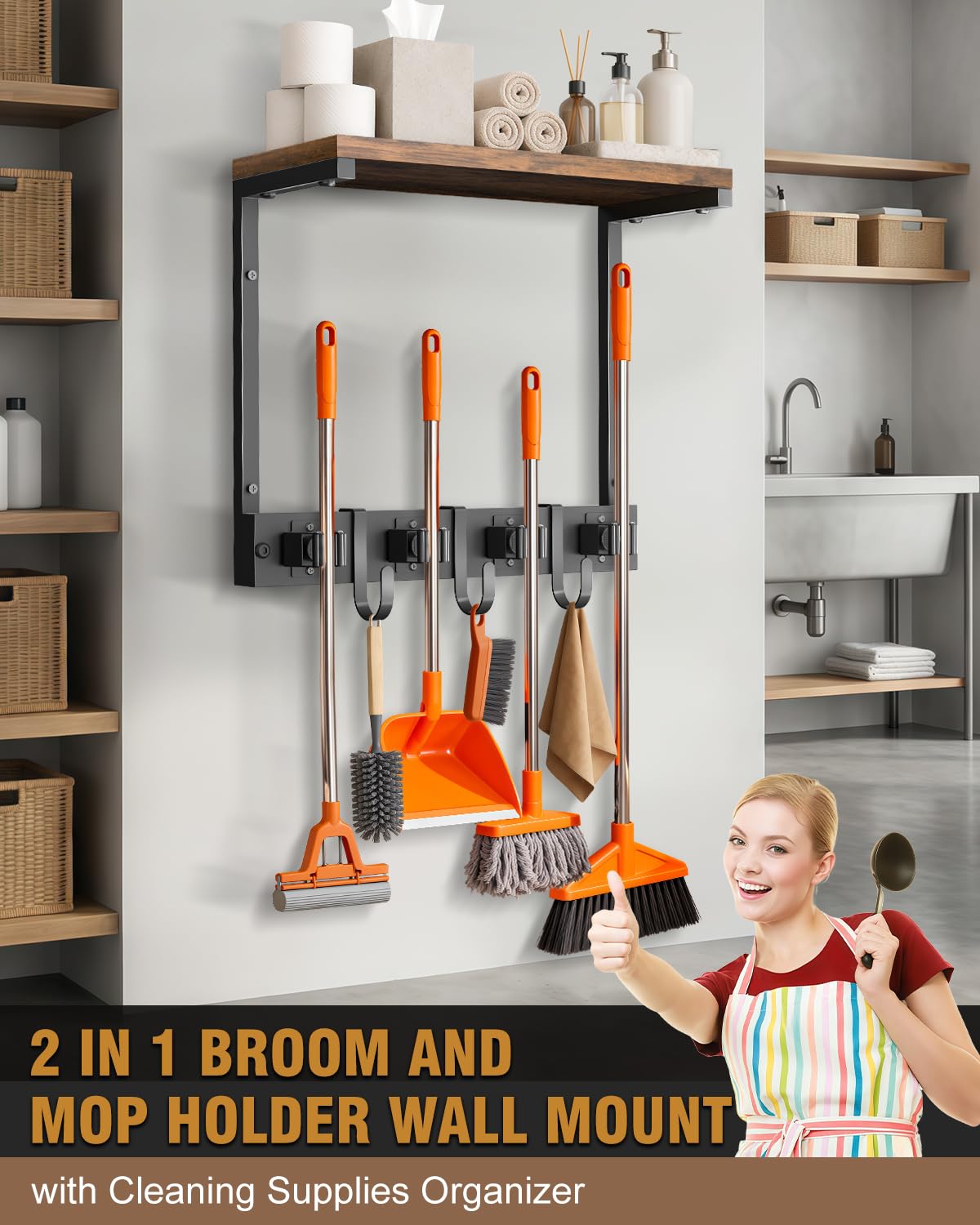 Small Broom Holder Wall Mount with Shelf