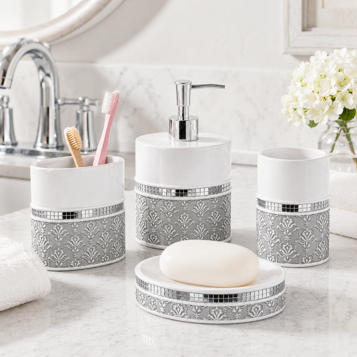 Mirror Damask 4 Piece Resin Bathroom Accessories Set