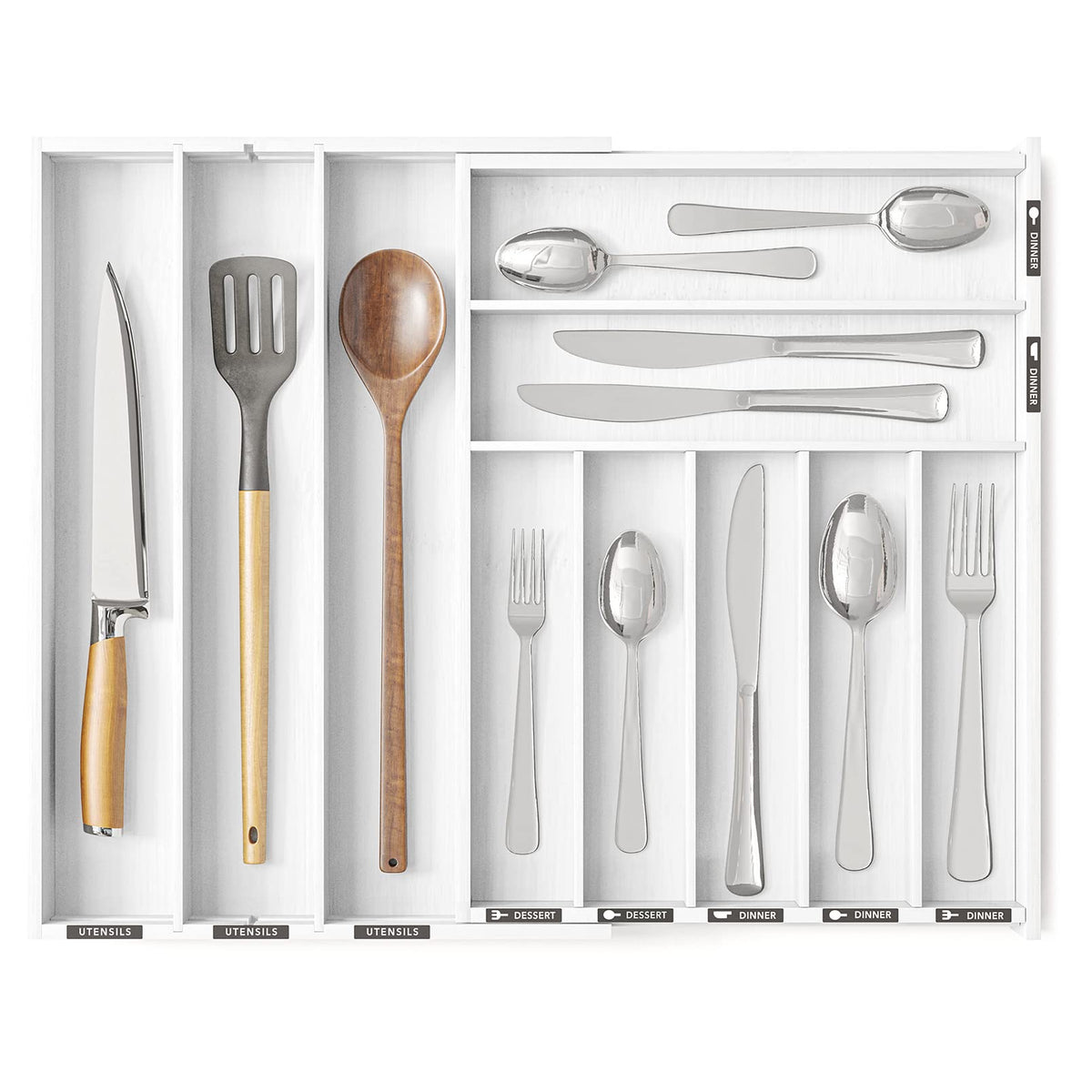 Bamboo Silverware Drawer Organizer with Labels