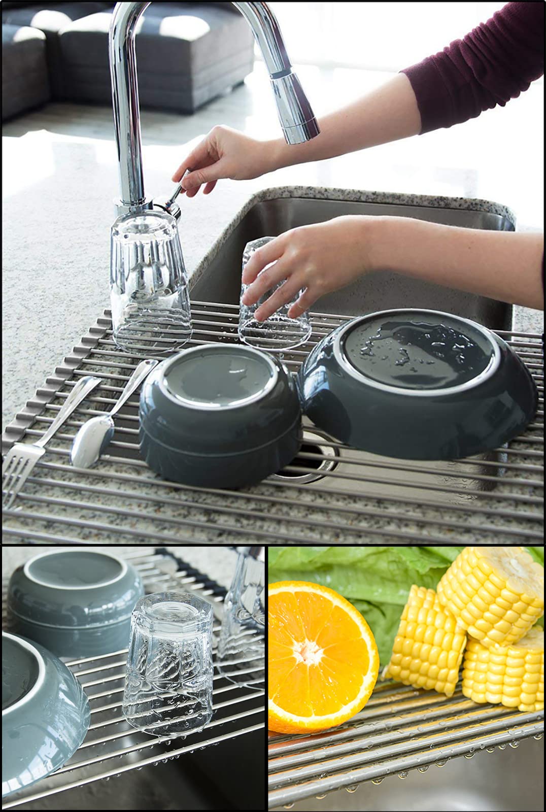 17.7" x 15.5" Roll Up Dish Drying Rack Over Sink Drying Rack Sink Cover Kitchen Sink Accessories Gadget Multipurpose Organizer Foldable Stainless Steel Drainer
