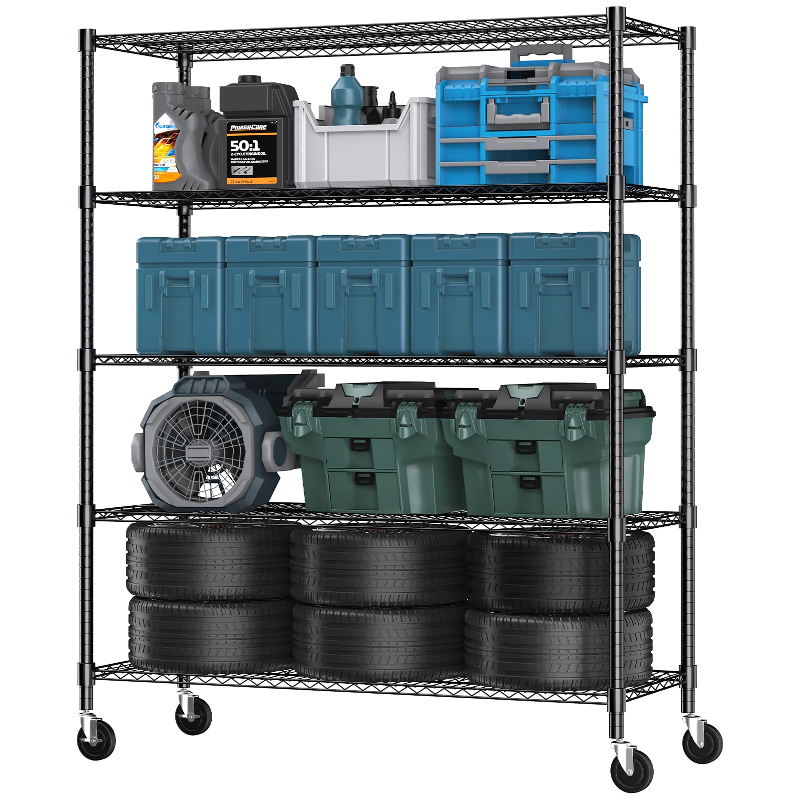82" H Storage Shelves 5 Tier Metal Shelving Adjustable Wire Shelf with Wheels