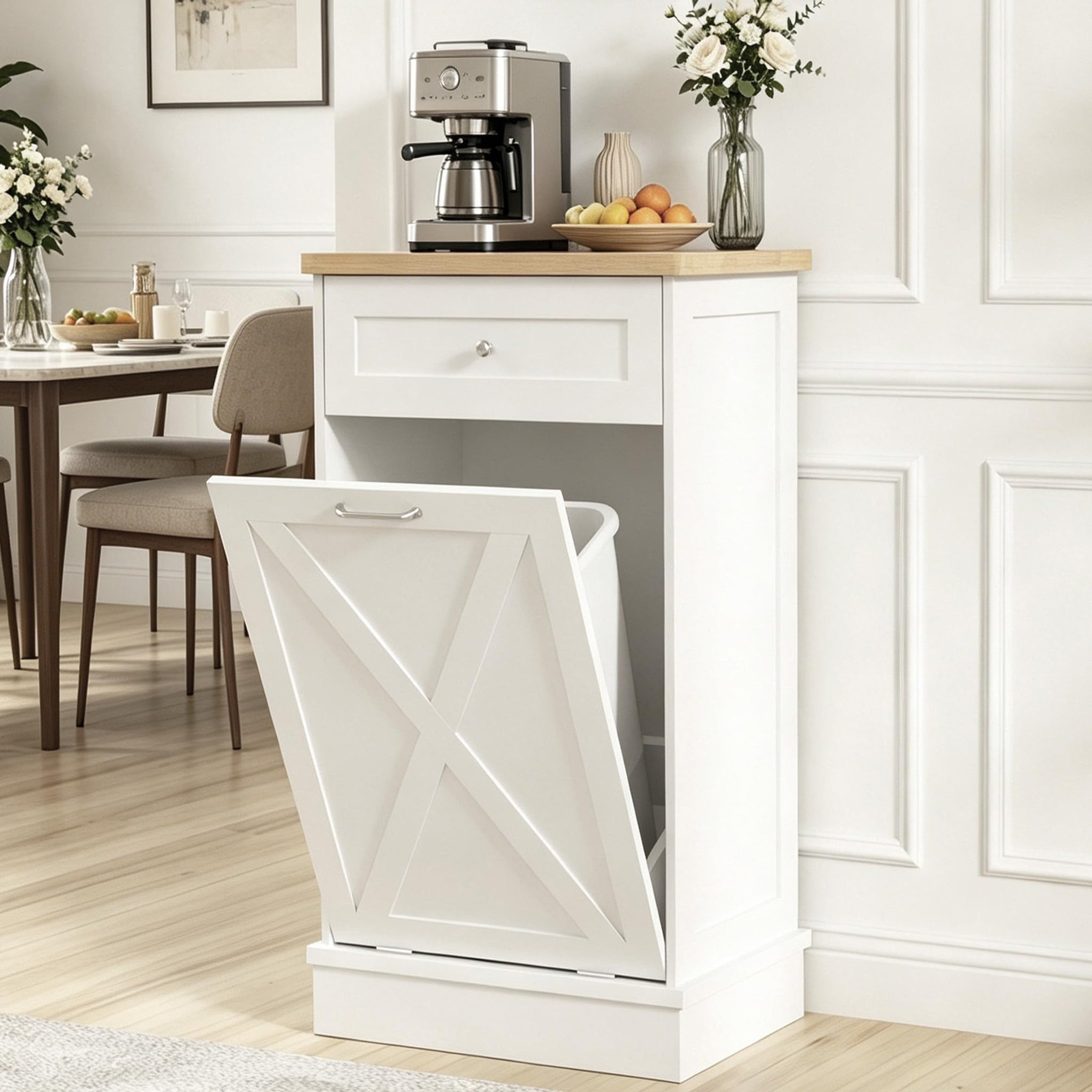 10 Gallon Tilt Out Trash Cabinet with Hideaway Drawer