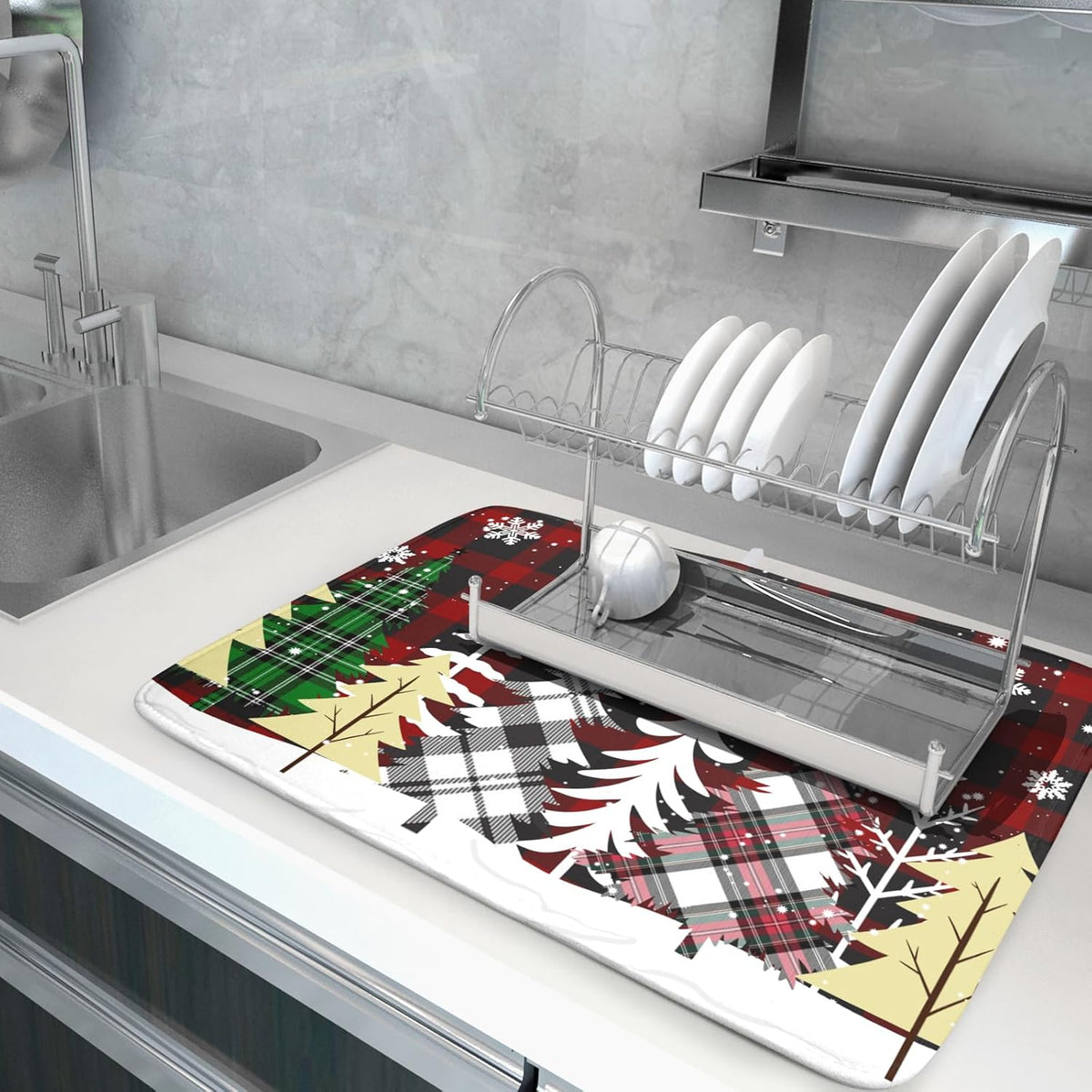 Merry Christmas Dish Drying Mat for Kitchen Counter 18x24 Inch Watercolor Buffalo Plaid Christmas Tree Microfiber Absorbent Dishes Pad Dish Drainer Mat Protector Kitchen Accessories for Countertop