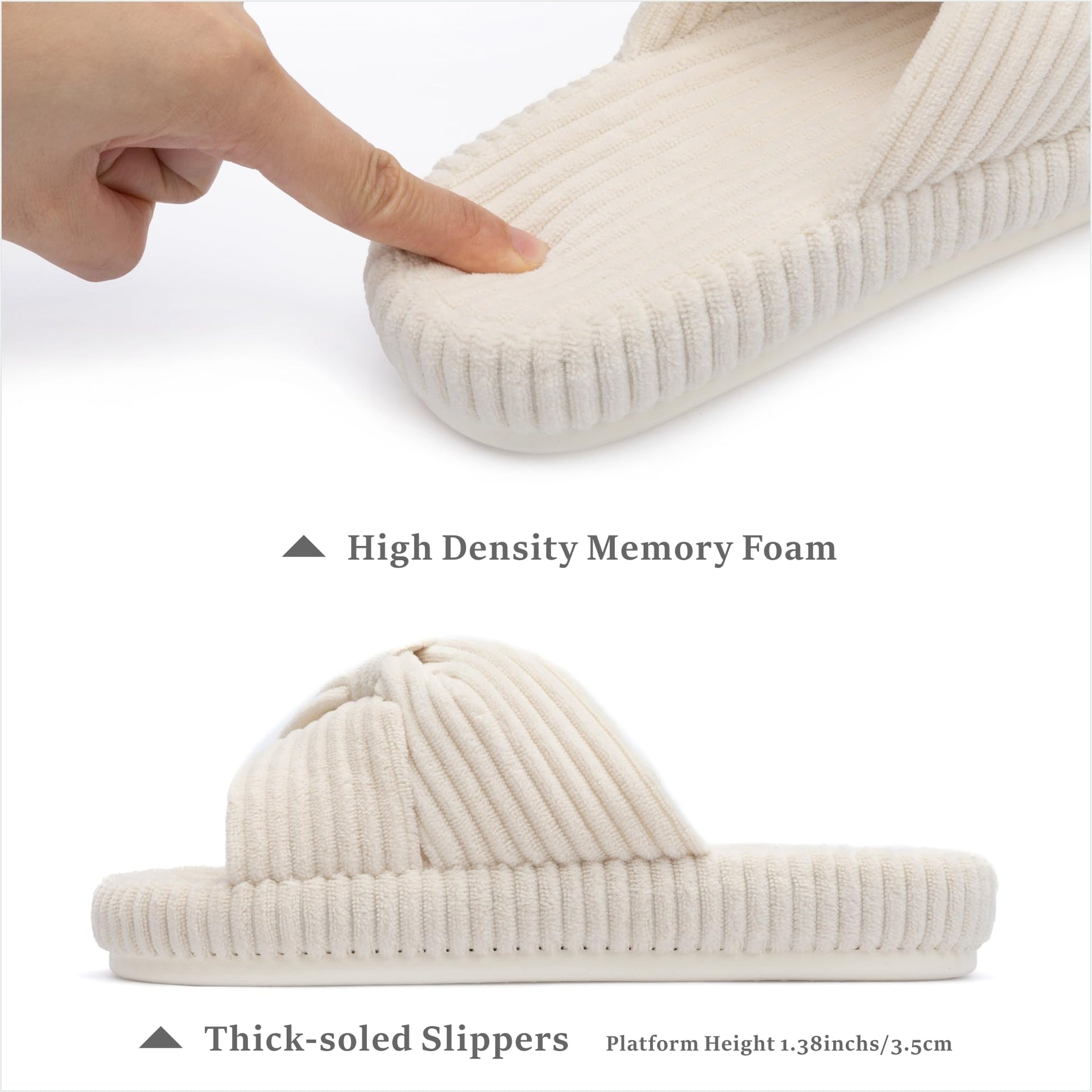 Slippers for Women Memory Foam House Bedroom Corduroy Bow Crossbands Slipper Shoes Comfy Trendy Gift Slippers Beige Size 5 6 5.5