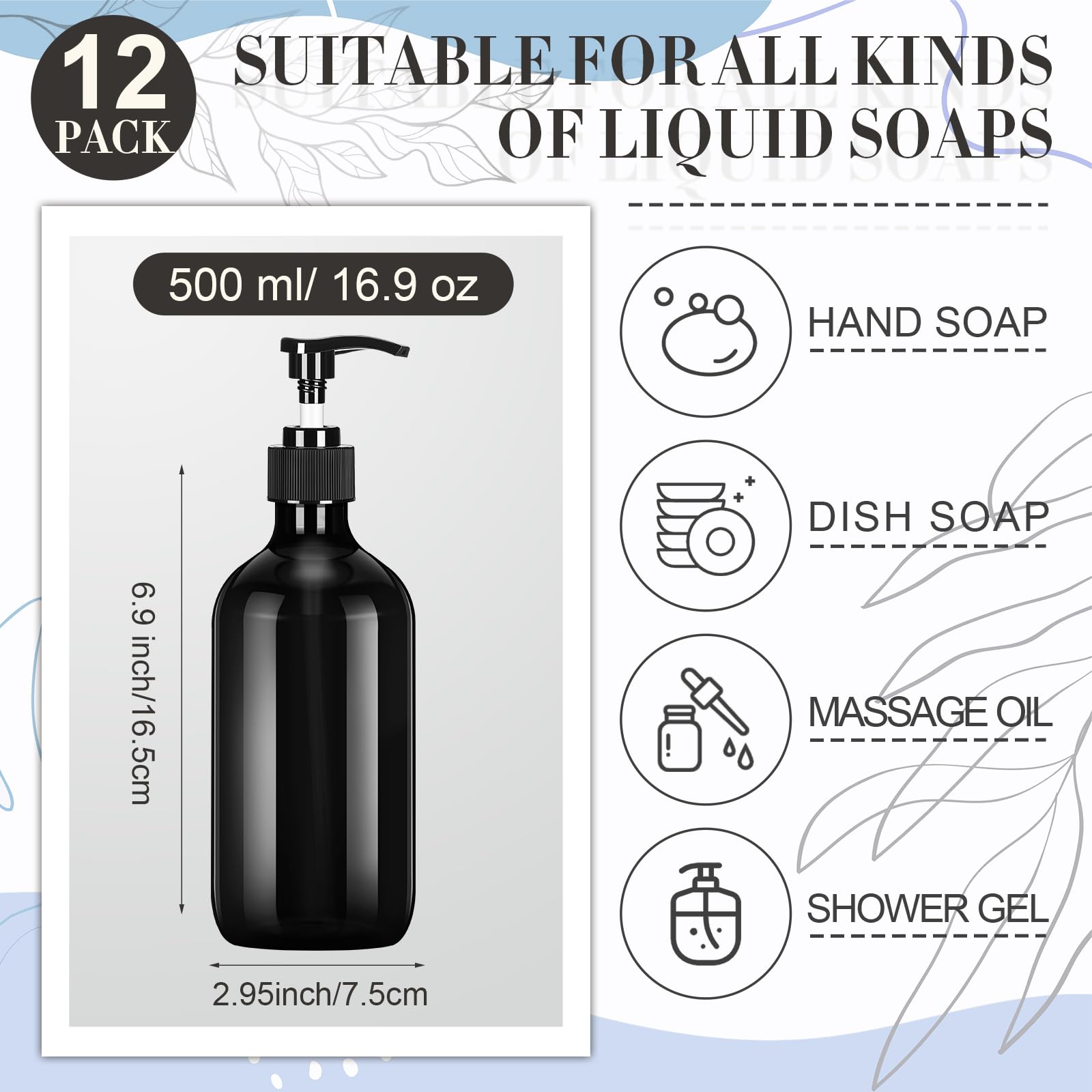 12 Pack Black Plastic Pump Bottles Soap Dispenser (12 Count)