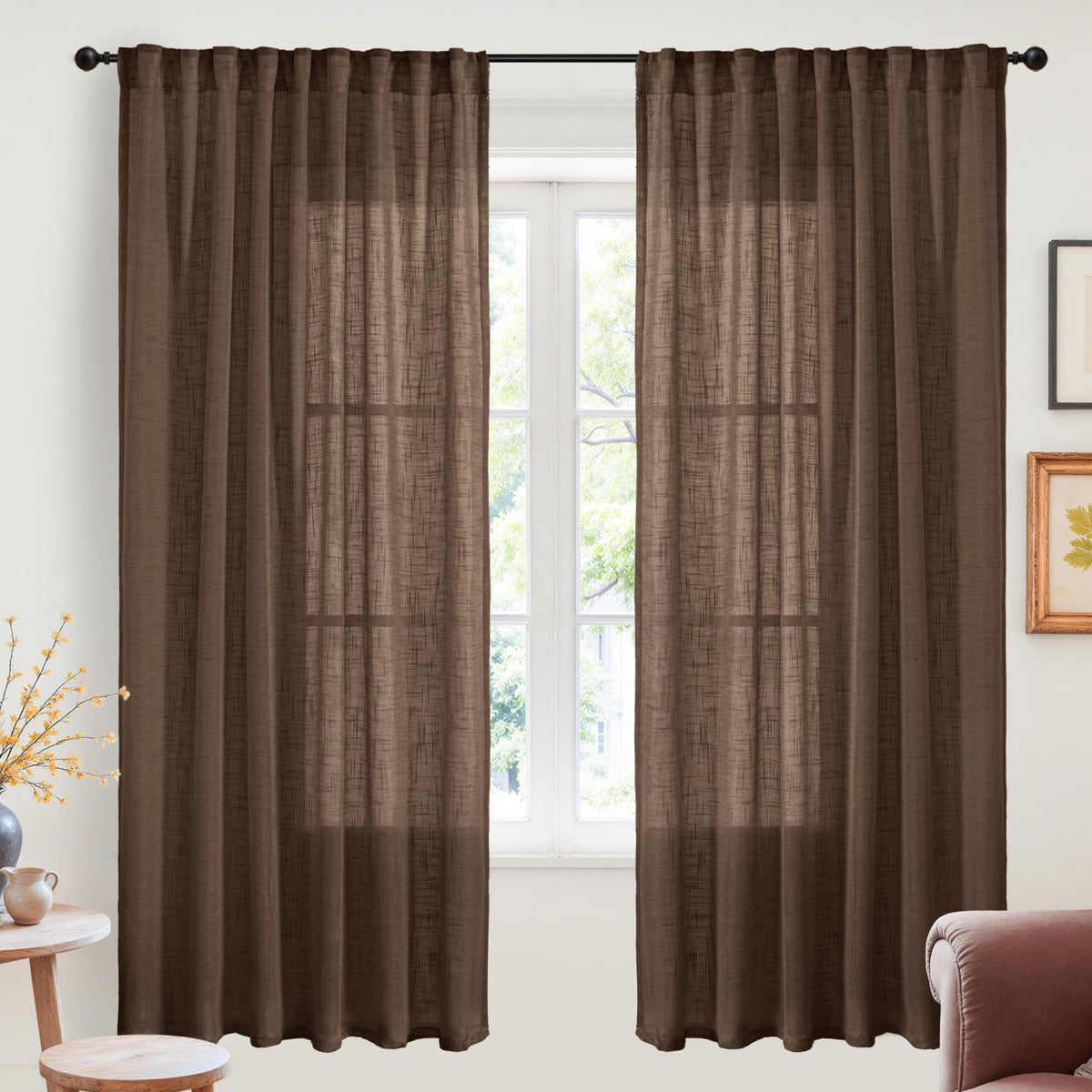 Dark Brown Linen Semi Sheer Curtains 72 Inch Length for Living Room (2 Count)