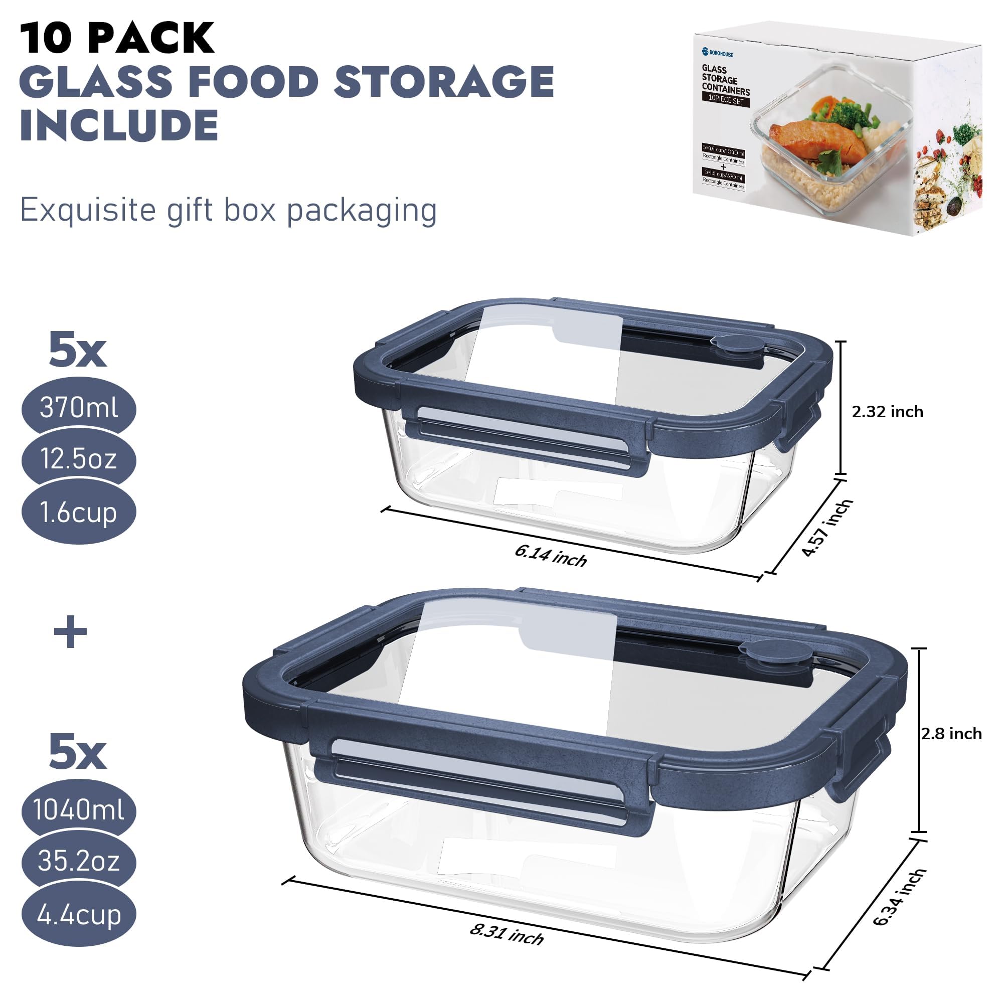 10 Pack Glass Food Storage Containers with Tempered Glass Lids (10 Count)