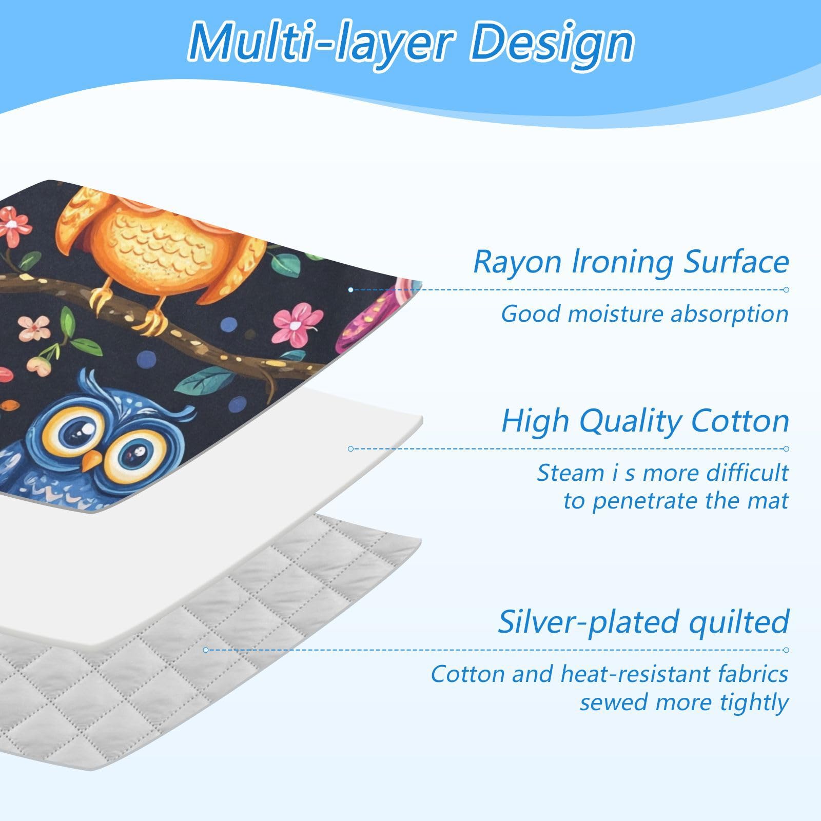 Vibrant Owls Branches Flowers Spring Ironing Mat Portable Ironing Pad Blanket with Silicone Iron Rest for Table Top Travel Heat Resistant Double