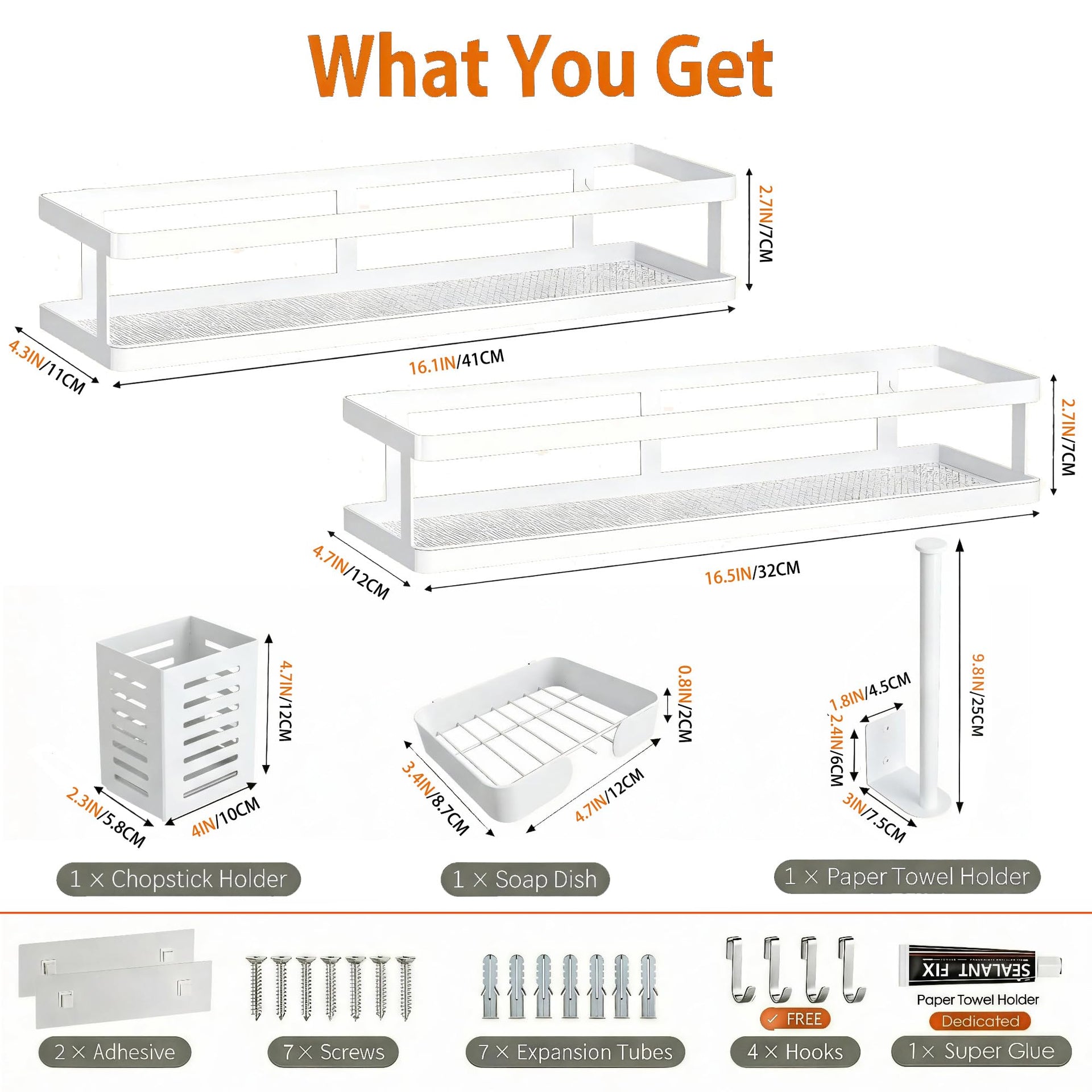 5-in-1 16.5" Extra Long Kitchen Organizer & Shower Caddy Set, Wall Mount Spice Rack with Paper Towel Holder, Utensil Holder & Soap Dish, Rustproof Mesh - White, Guardrail