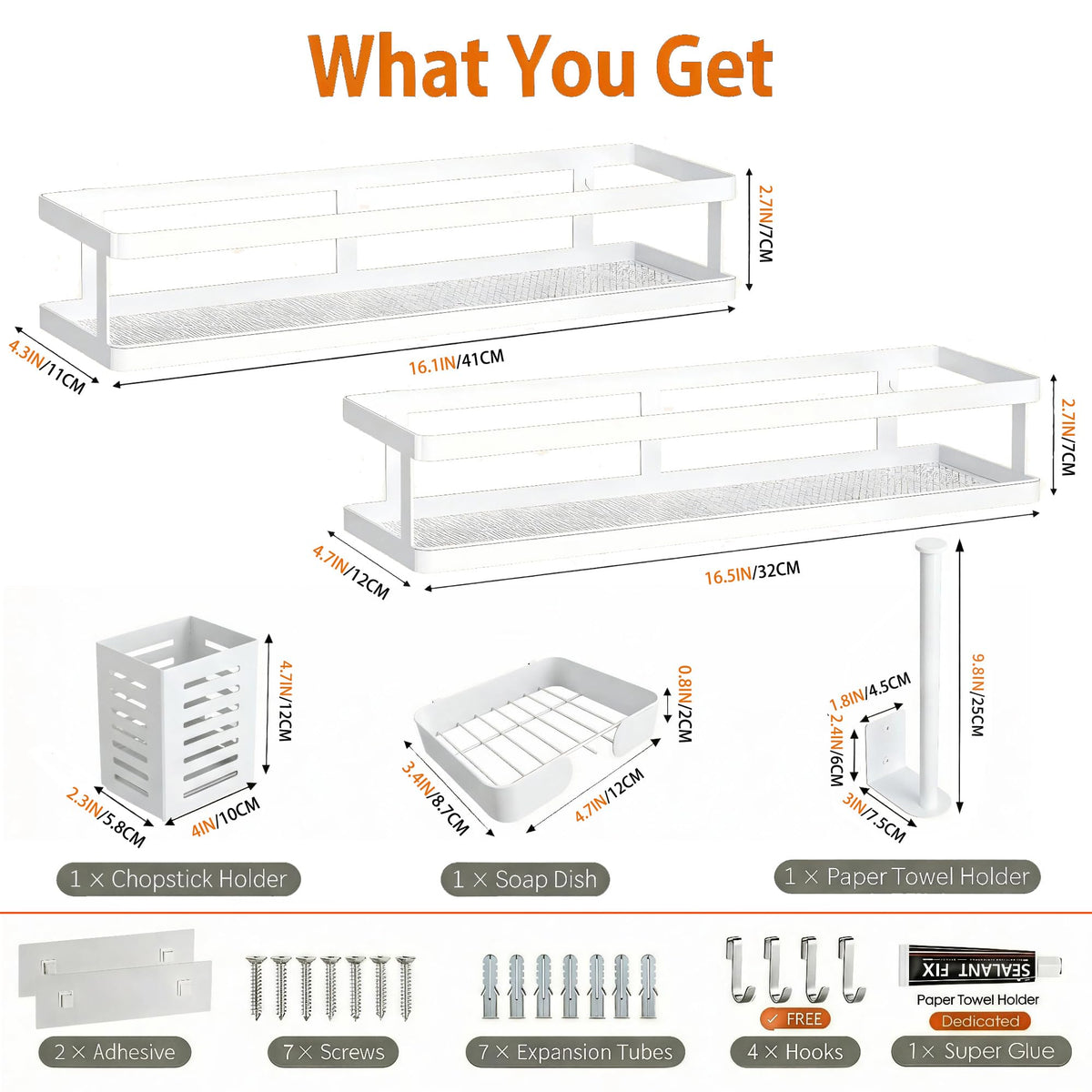5-in-1 16.5" Extra Long Kitchen Organizer & Shower Caddy Set, Wall Mount Spice Rack with Paper Towel Holder, Utensil Holder & Soap Dish, Rustproof Mesh - White, Guardrail