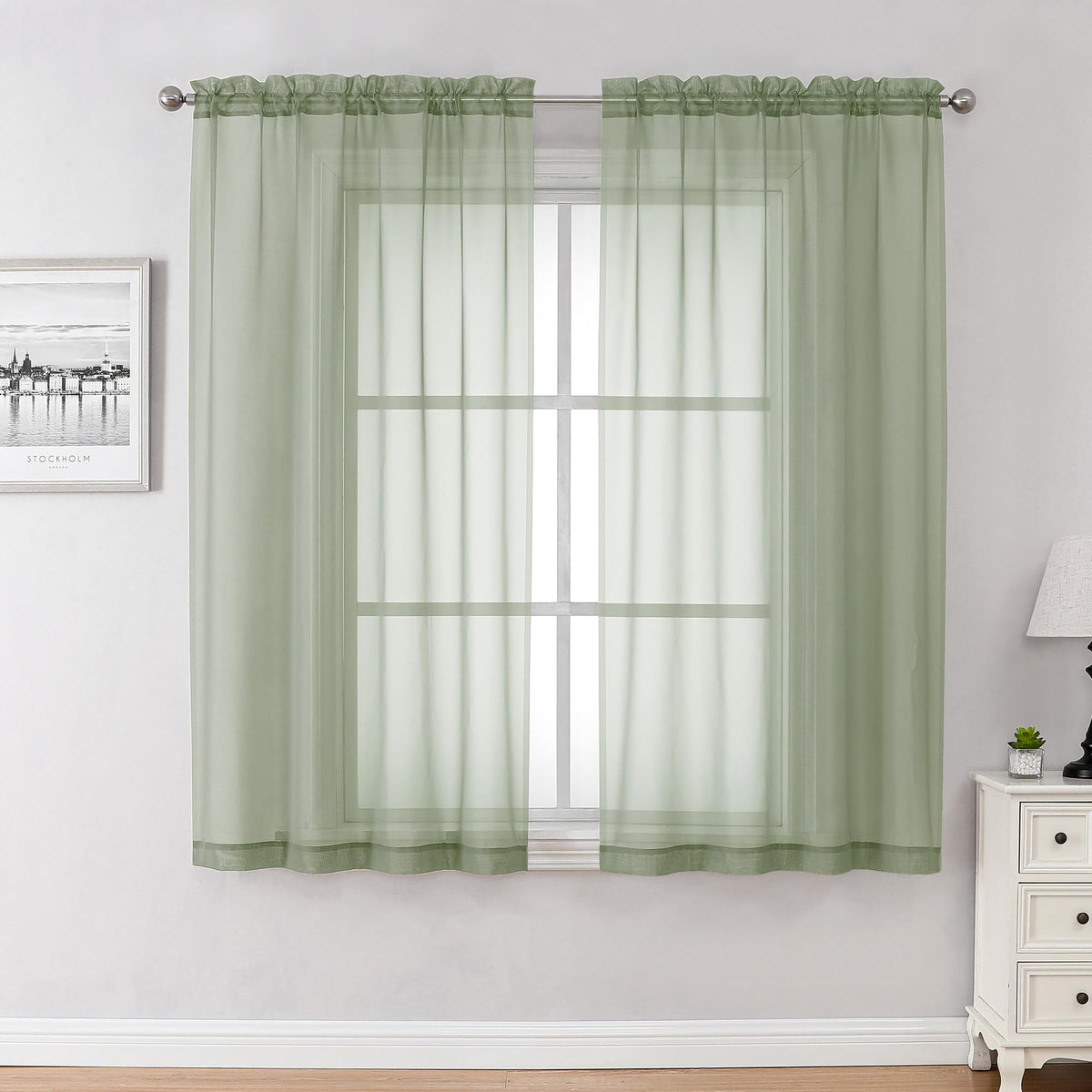 Sage Green Sheer Curtains 45 Inch Long 2 Panels