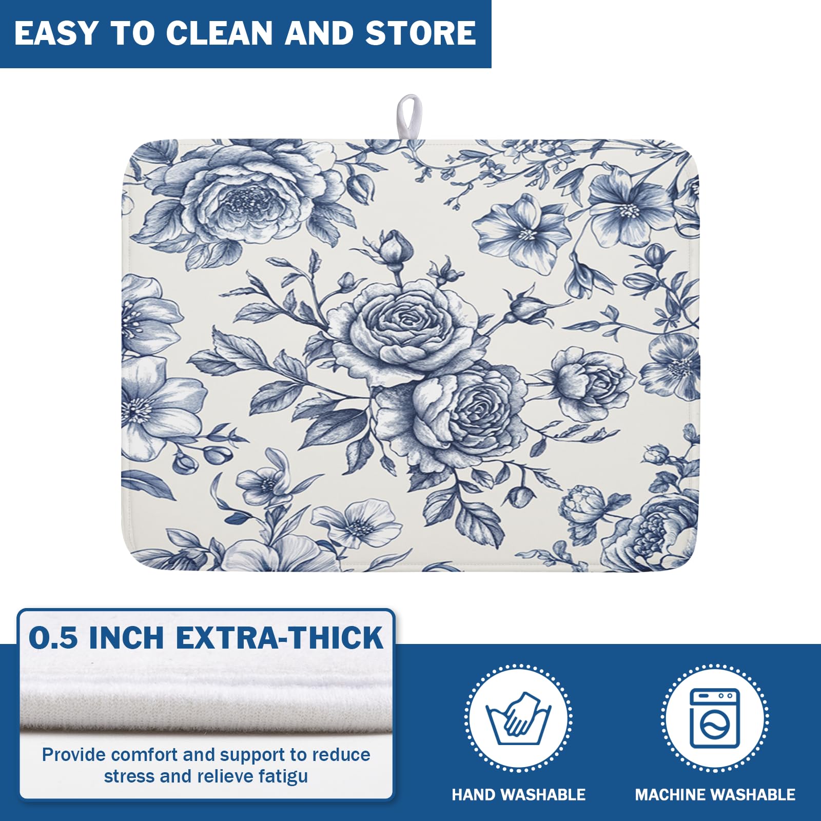 Vintage Floral Dish Drying Mat for Kitchen Counter Blue Floral Chinoiserie Pattern Dish Drying Pad 18x24 In Absorbent French Farmhouse Decor Dishes Drainer Pad Dish Dry Rack Mat for Counter Coffee Bar