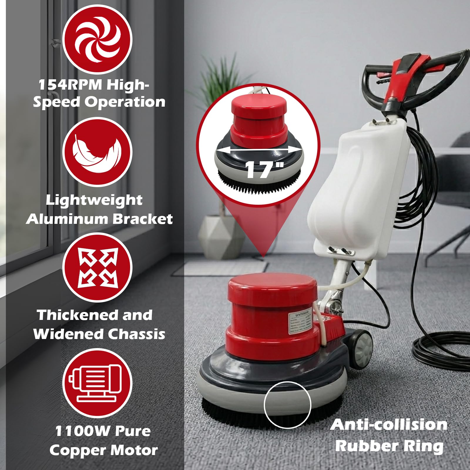 Floor Polisher & Buffer Commercial Floor Buffer Scrubber 17" Carpet Cleaning Machine 154RPM Industrial Orbiter Floor Cleaning with 3gal Tank and 3 Brush heads