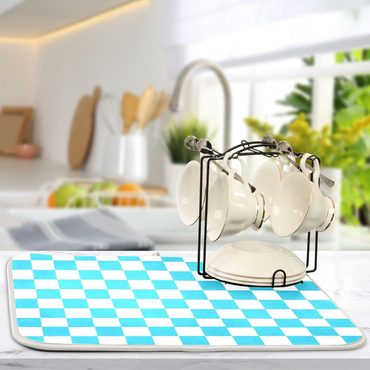 Turquoise Chessboard Dish Drying Mat for Kitchen Countertop 16x18 Teal Plaid Checkered Rectangle Small Drying Mat Reusable Quick Dry Dish Sink Absorbent Mats Easy Clean Decorative Home Essentials