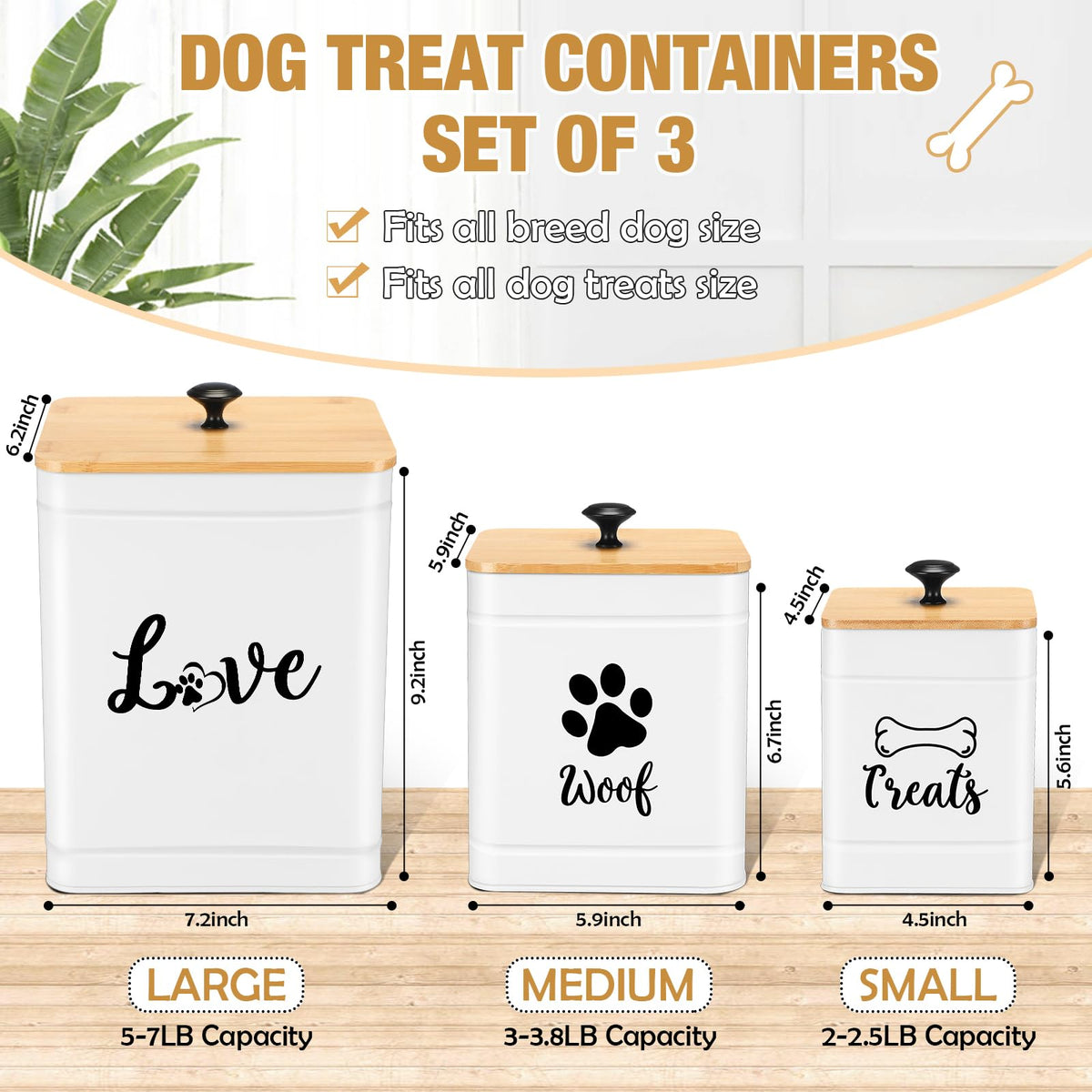 Metal Dog Treat Containers Set of 3 with Bamboo Lids and Spoon Airtight 7+3+2 lbs Dog Food Snack Jars with DIY Labels Big Pet Cookie Storage Jar for Kitchen Counter (3 Count)