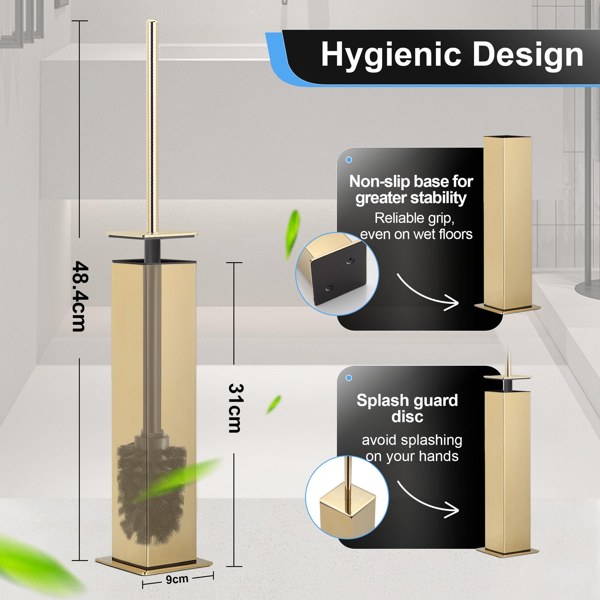 Toilet Brush and Holder Set Gold Stainless Steel 304 Square Freestanding Toilet Brush for Bathroom