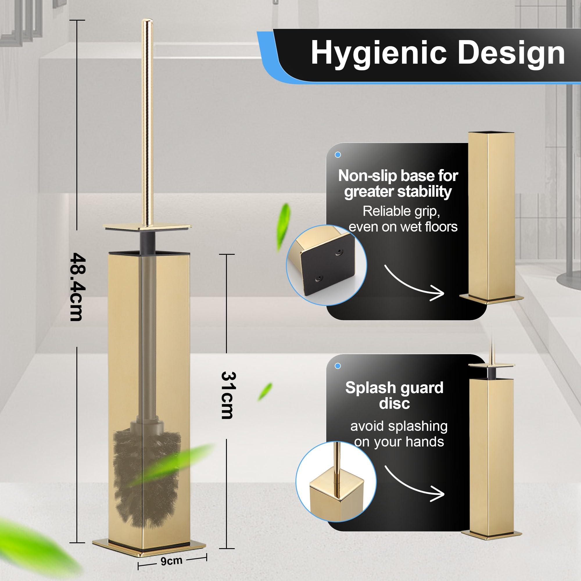 Toilet Brush and Holder Set Gold Stainless Steel 304 Square Freestanding Toilet Brush for Bathroom