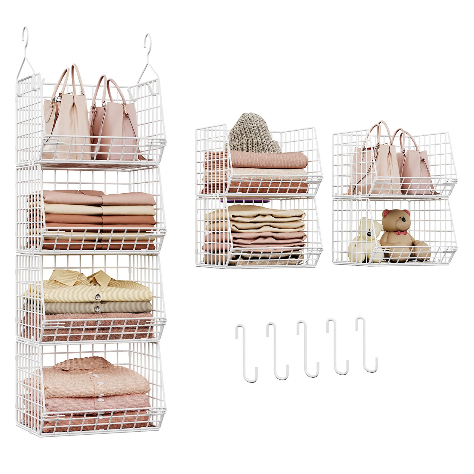 4 Tier Closet Hanging Organizer Foldable Dorm Closet Organizer White