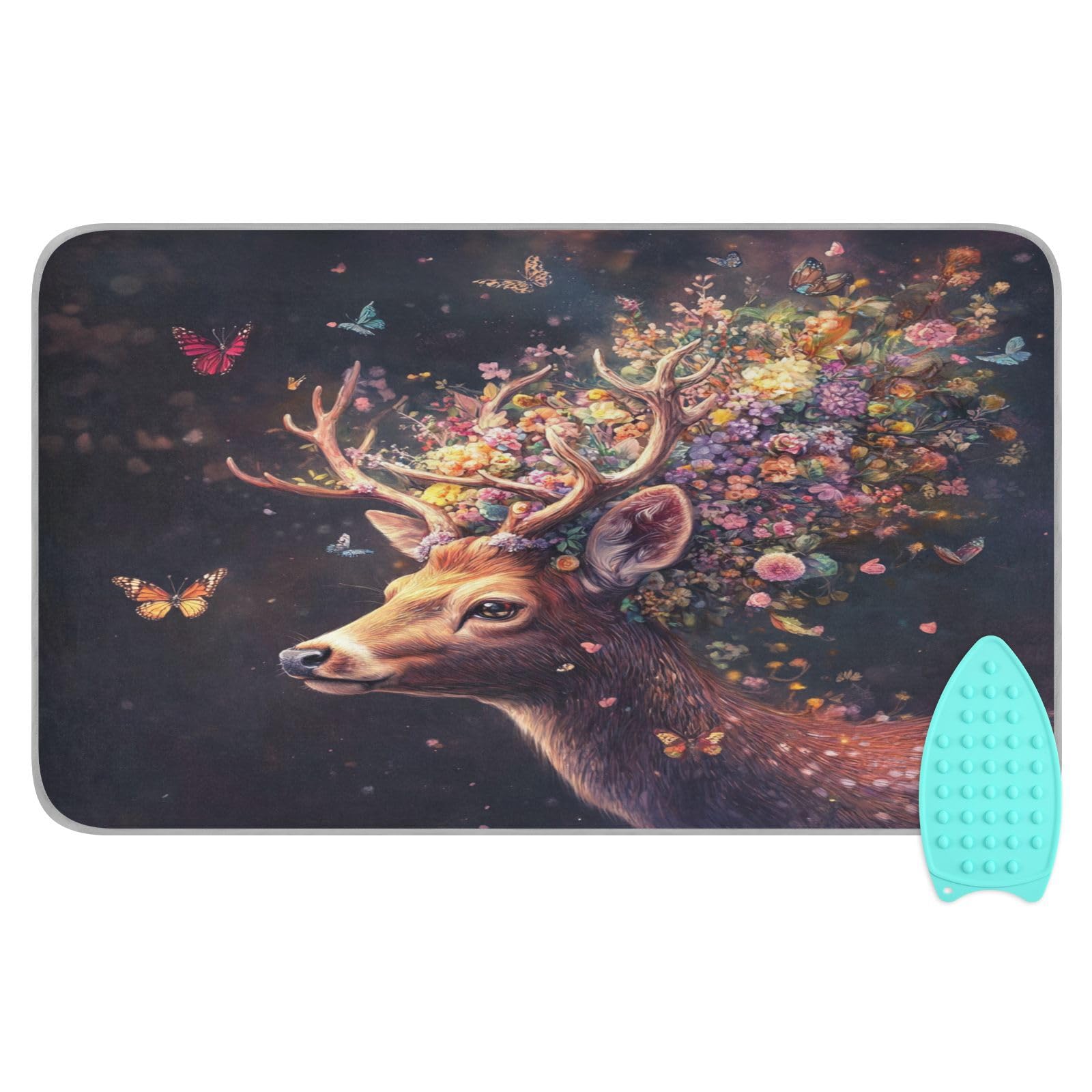 Deer with Butterfly Floral Ironing Mat Thickened Ironing Blanket Travel Portable Double