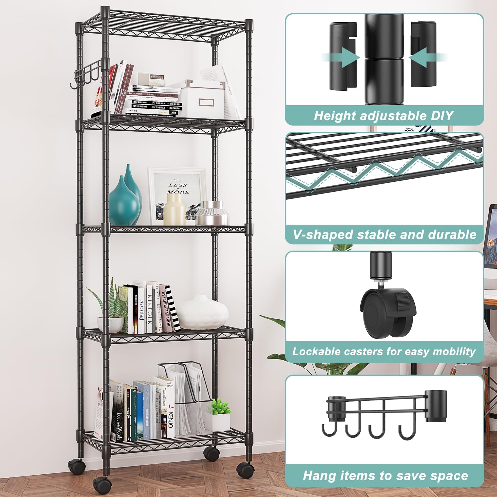 5 Tier Wire Shelving Unit on Wheels (5 Count)