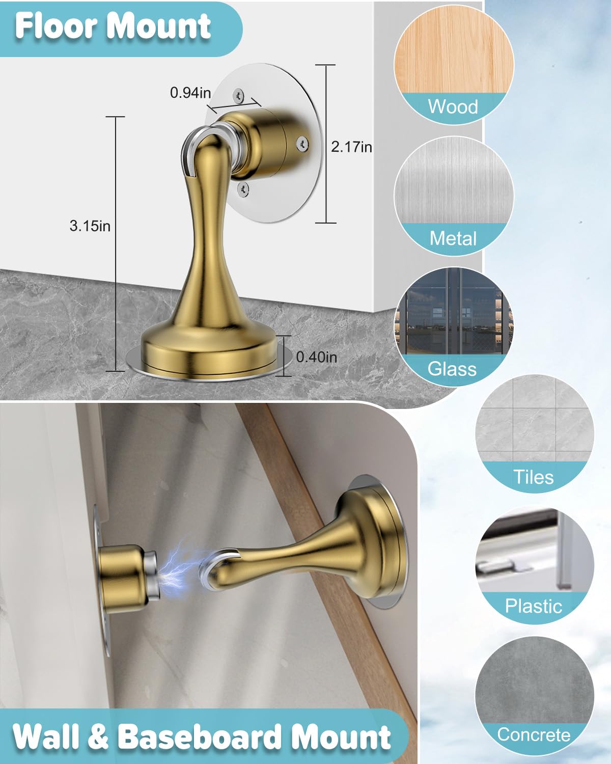Door Stoppers for Bottom of Door Magnetic Door Catch 4 Pack Gold Wall Mount (4 Count)