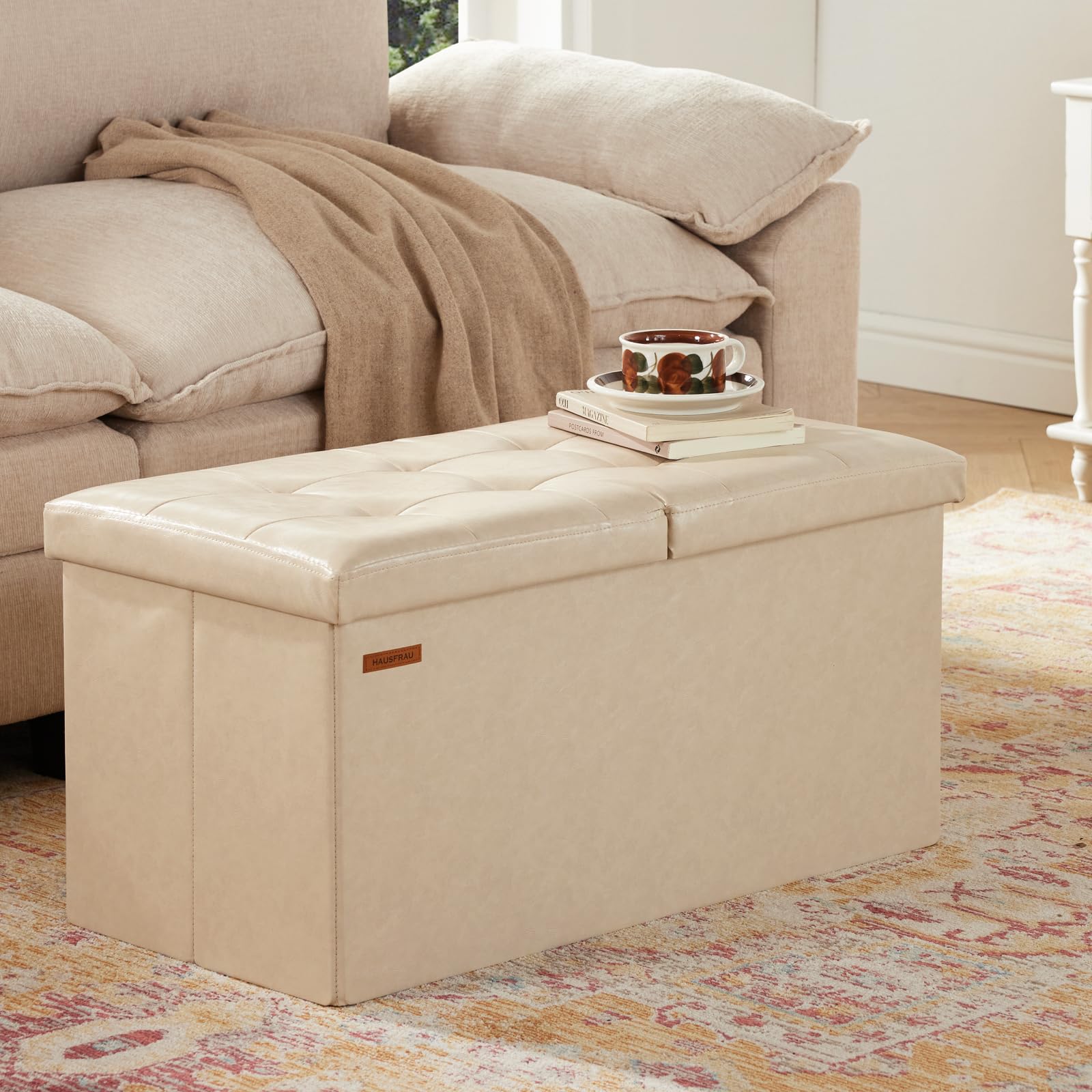 Ottoman with Storage Bench Folding Foot Rest Stool Ivory